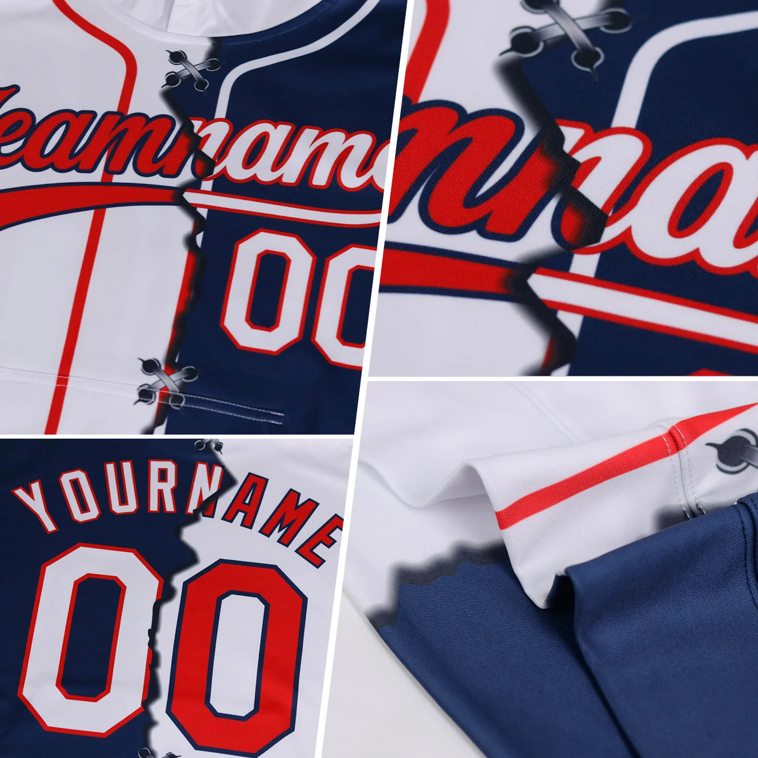 Custom Black Crimson-White Split Ripped Pattern Baseball Pullover Sweatshirt Hoodie