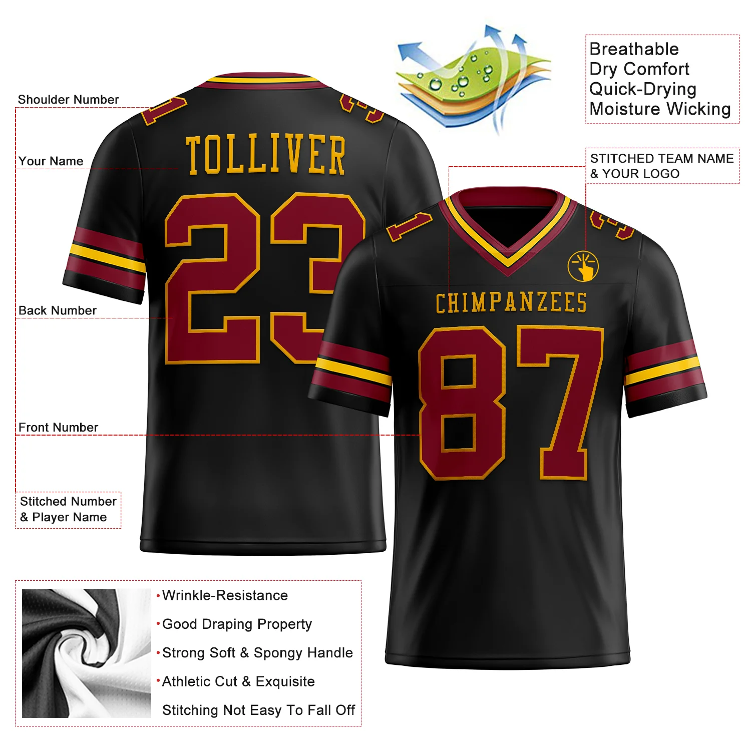 Custom Black Crimson-Gold Authentic Football Jersey