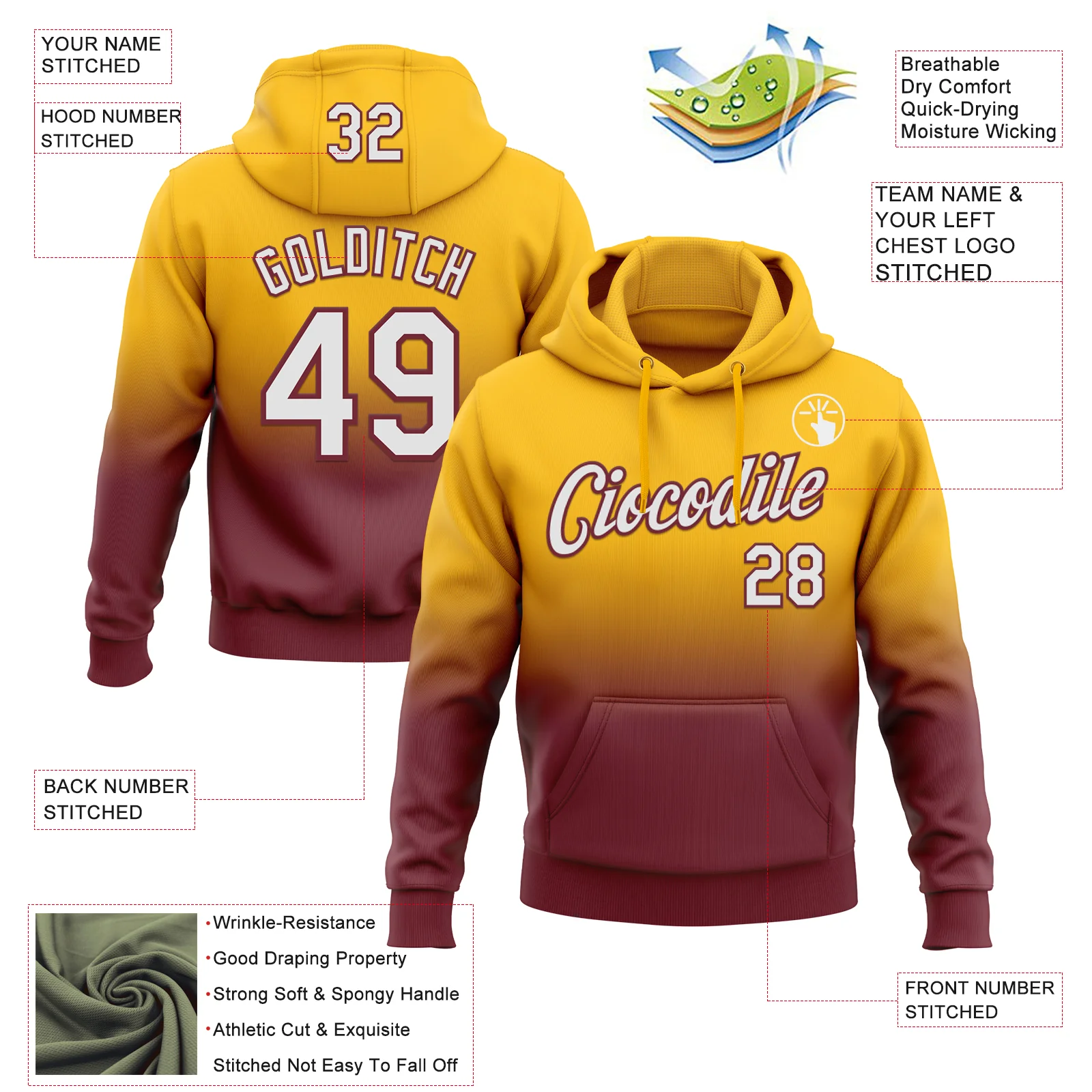 Custom Stitched Gold White-Burgundy Fade Fashion Sports Pullover Sweatshirt Hoodie
