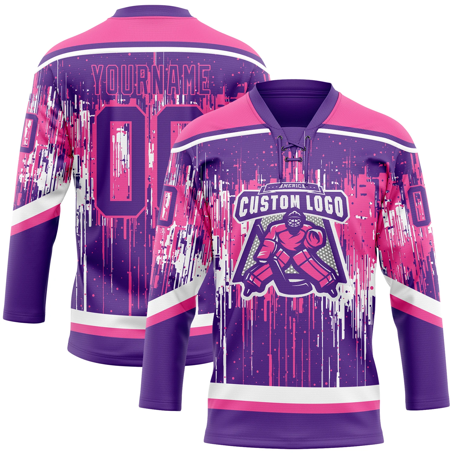 Custom Purple Pink-White 3D Pattern Dripping Splatter Hockey Lace Neck Jersey
