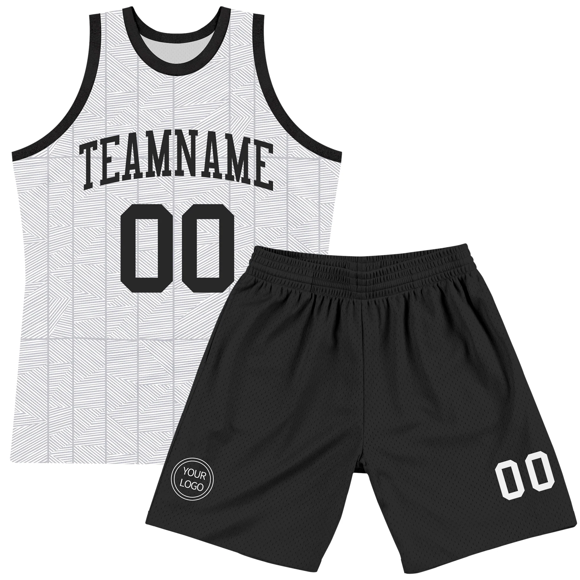 Custom Gray Black-White Line Round Neck Sublimation Basketball Suit Jersey