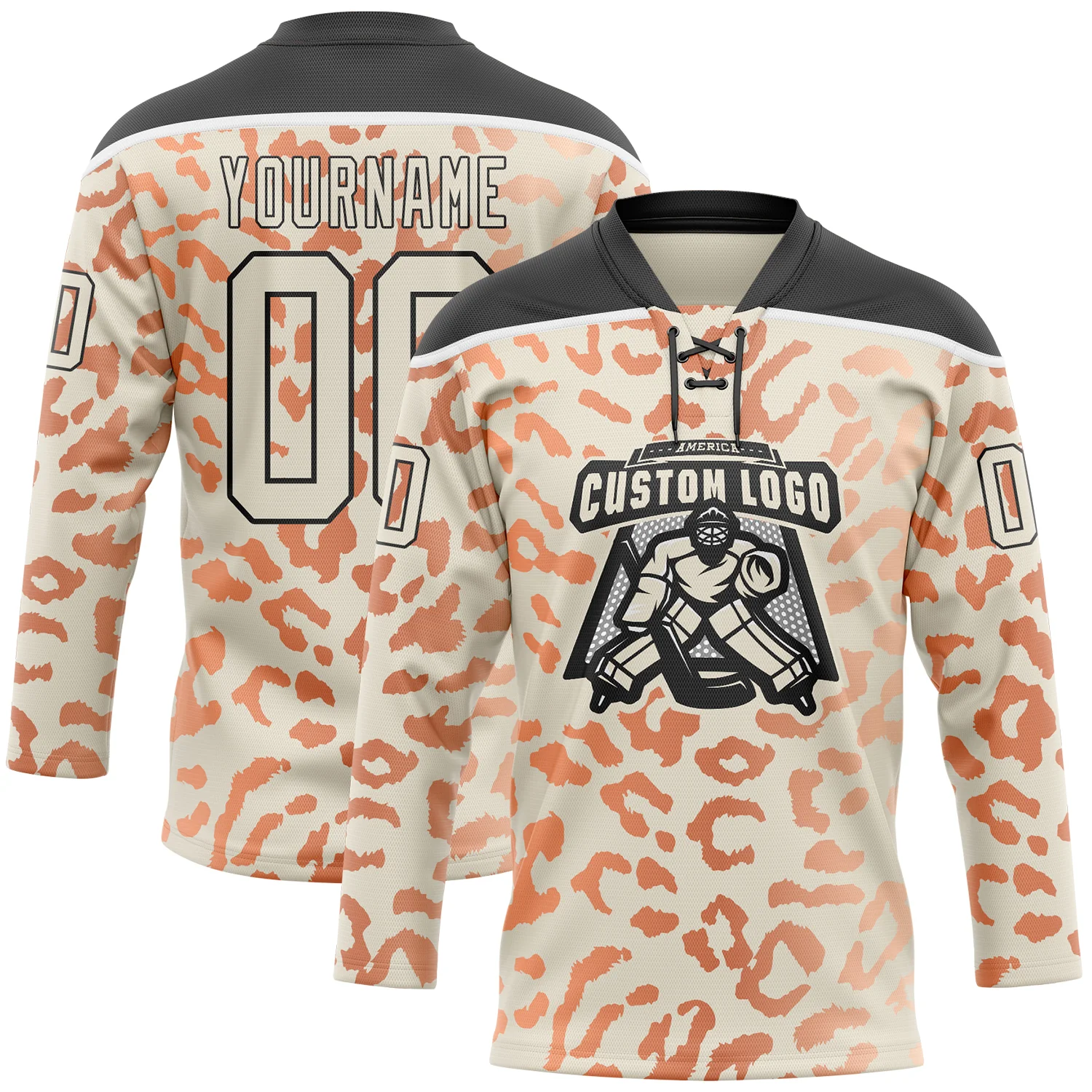 Custom Cream Orange Black-White 3D Pattern Leopard Print Hockey Lace Neck Jersey