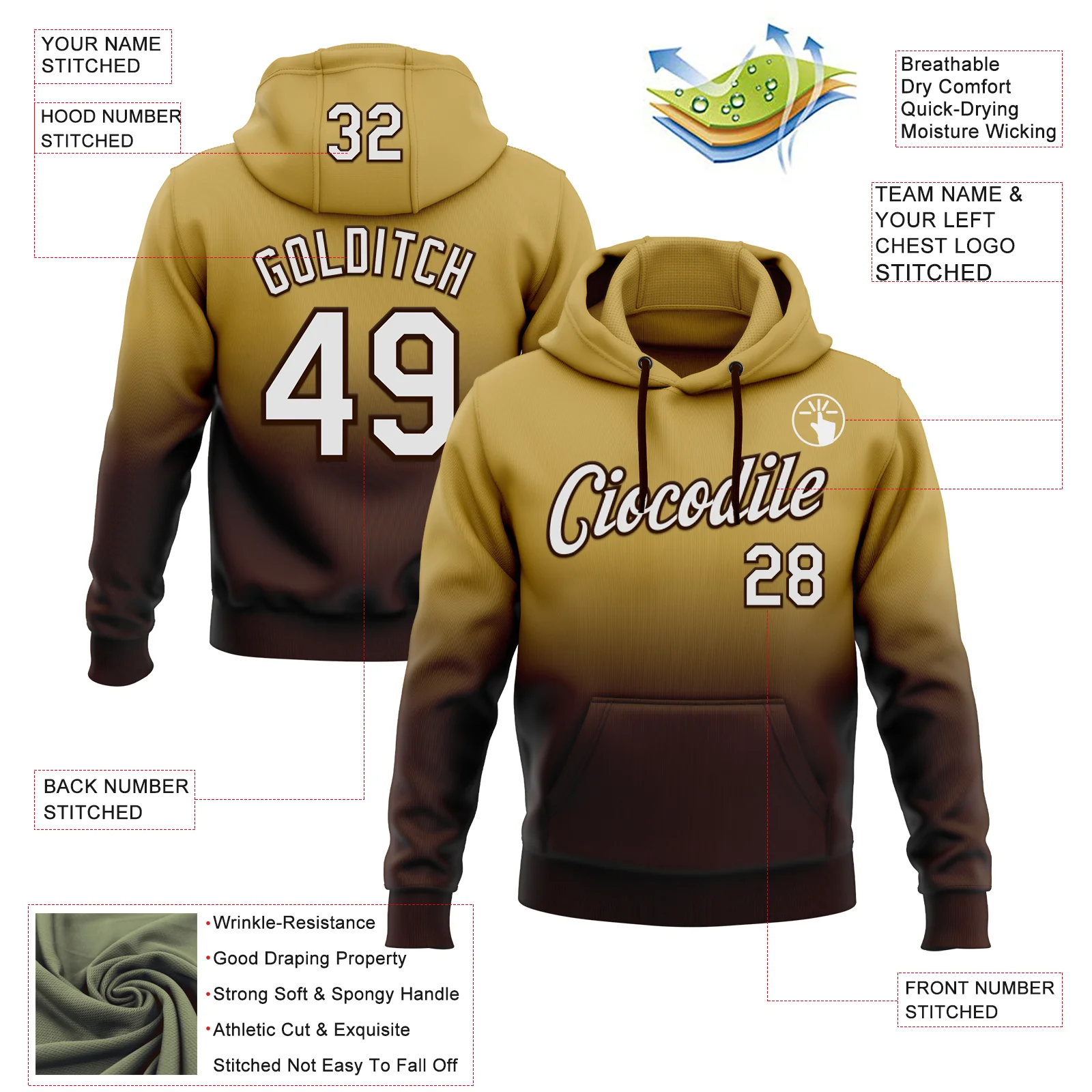 Custom Stitched Old Gold White-Brown Fade Fashion Sports Pullover Sweatshirt Hoodie