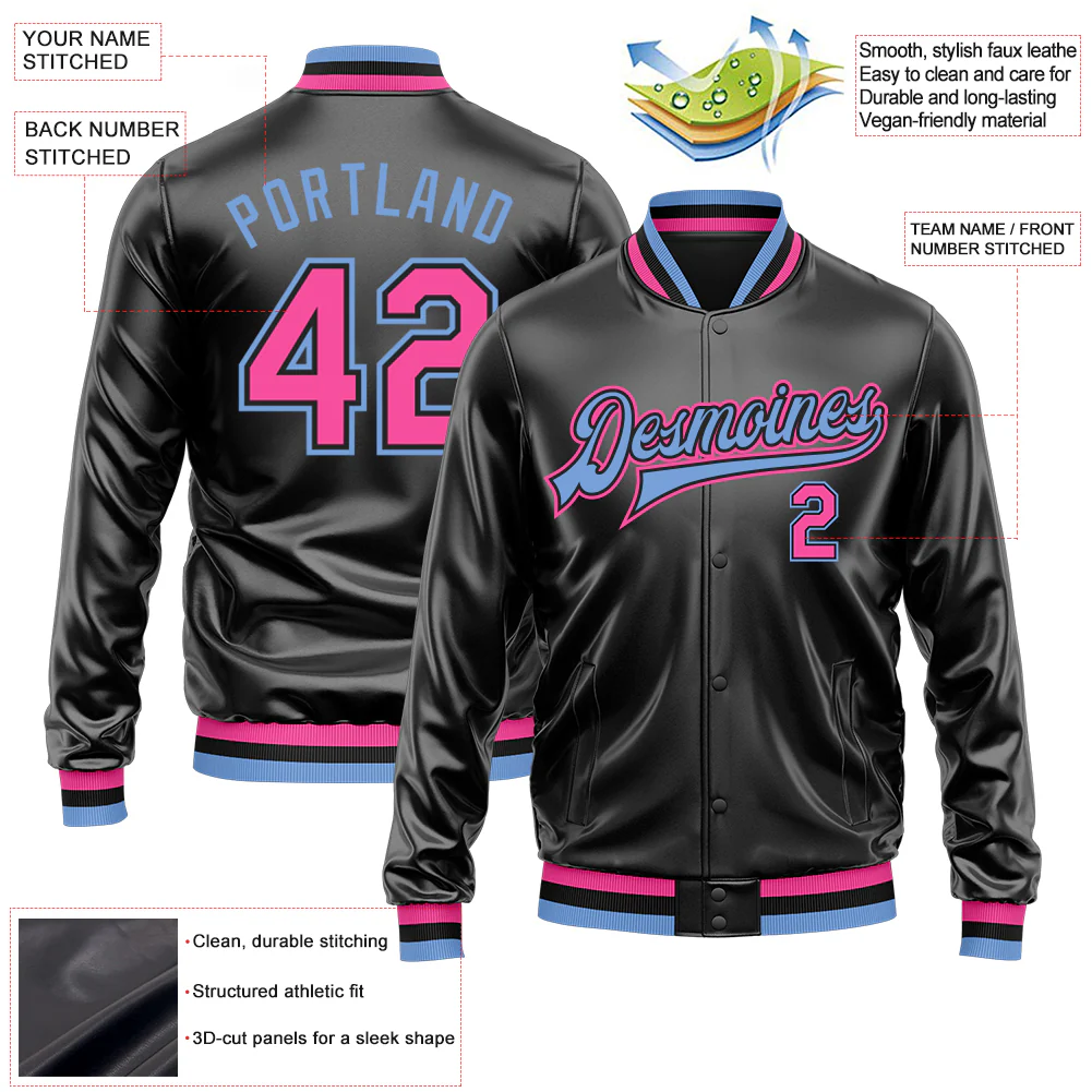 Custom Black Pink-Light Blue Bomber Full-Snap Varsity Faux Leather Letterman Jacket