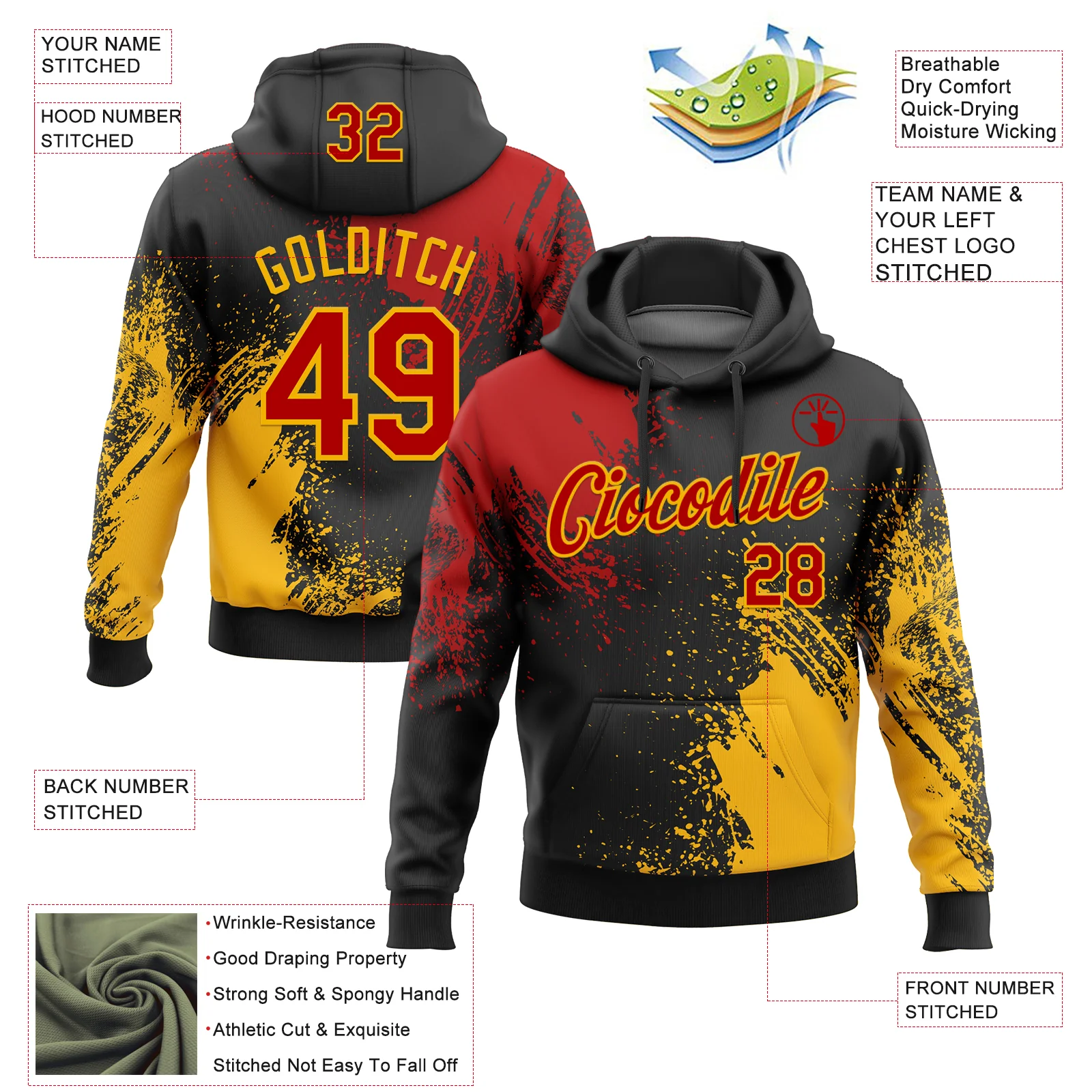 Custom Stitched Black Red-Gold 3D Pattern Design Abstract Brush Stroke Sports Pullover Sweatshirt Hoodie