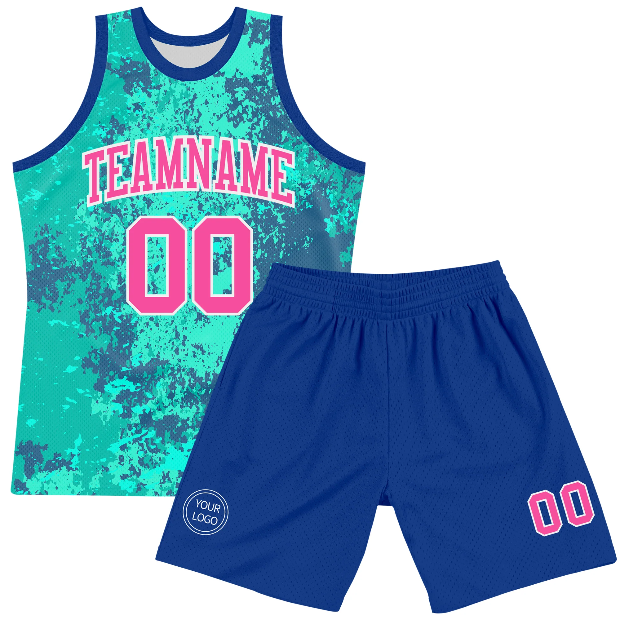 Custom Teal Pink Royal-White Splash Round Neck Sublimation Basketball Suit Jersey
