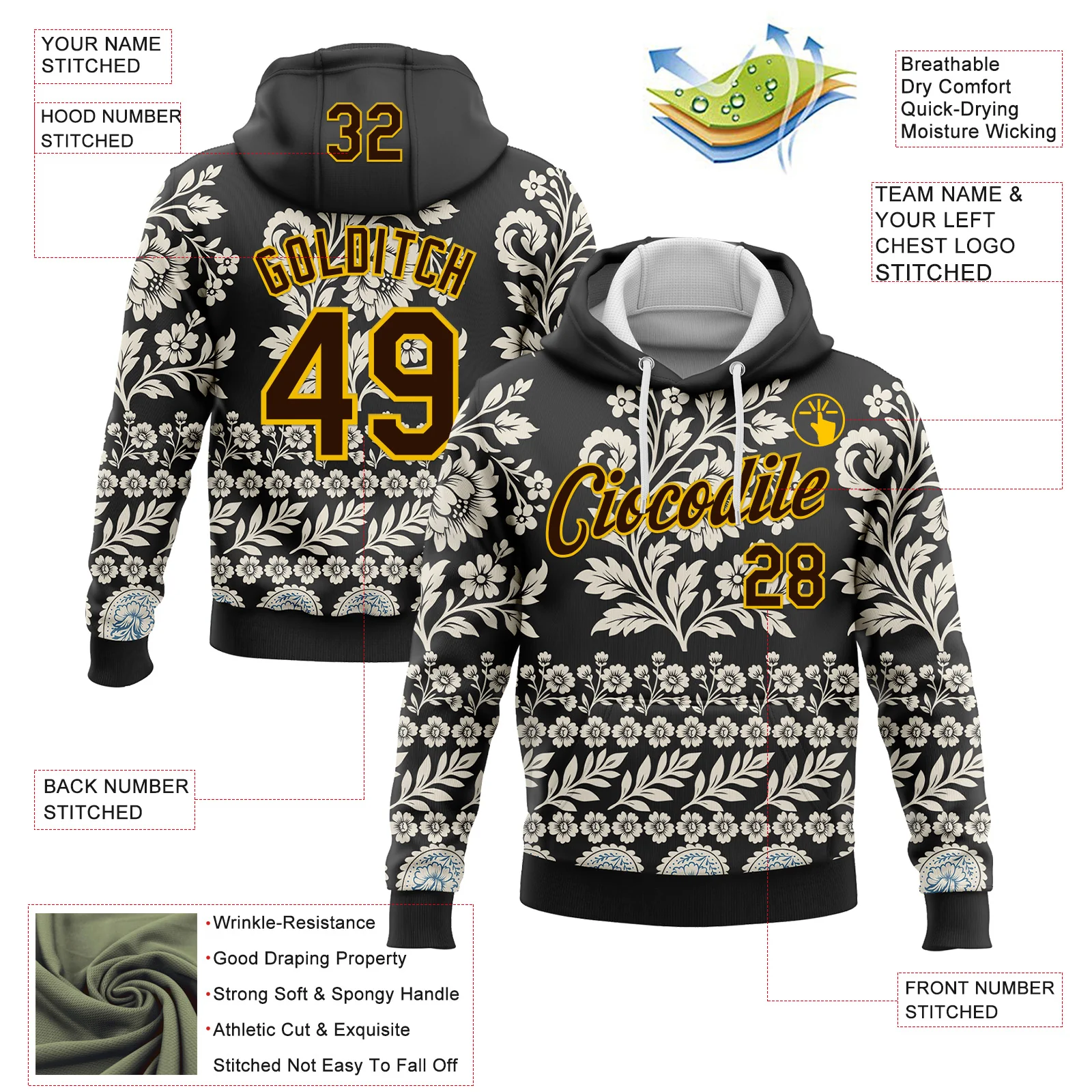 Custom Stitched Black Brown Cream-Yellow 3D Pattern Design Ethnic Paisley Floral Bandana Sports Pullover Sweatshirt Hoodie