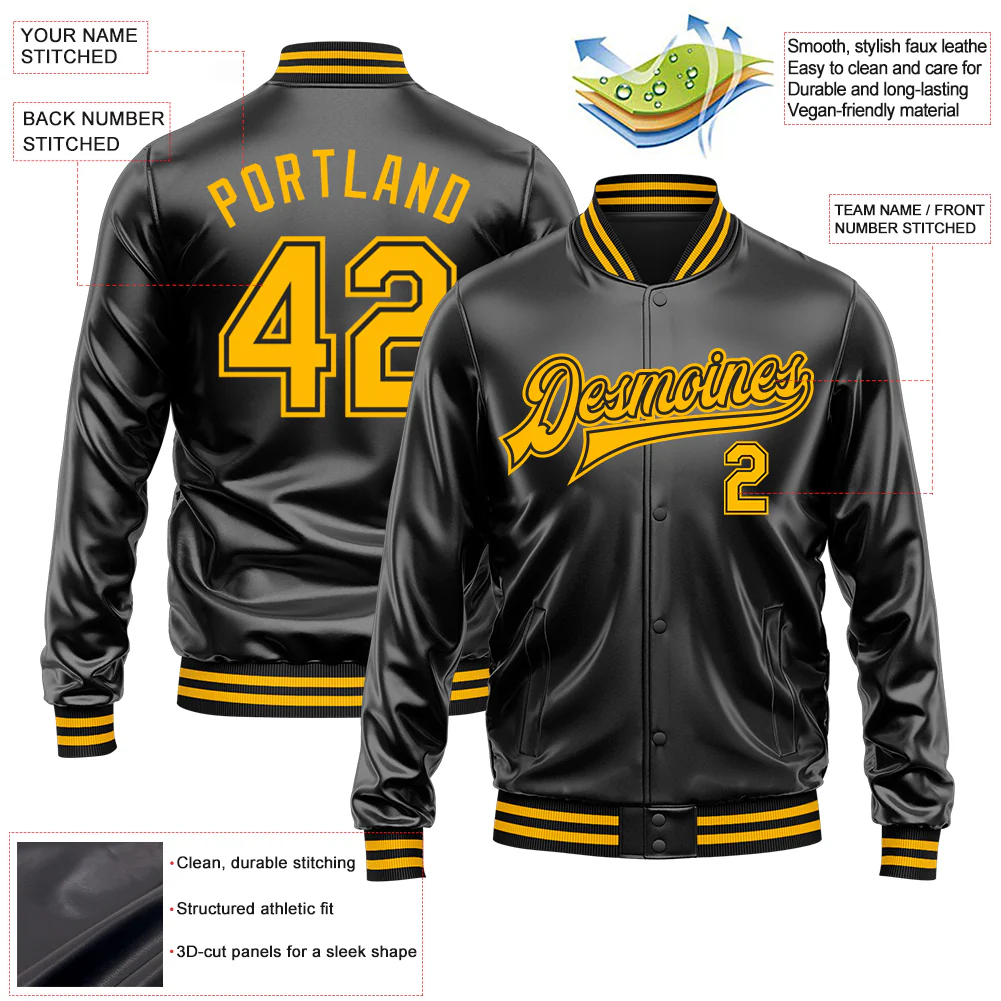 Custom Black Gold-Black Bomber Full-Snap Varsity Faux Leather Letterman Jacket