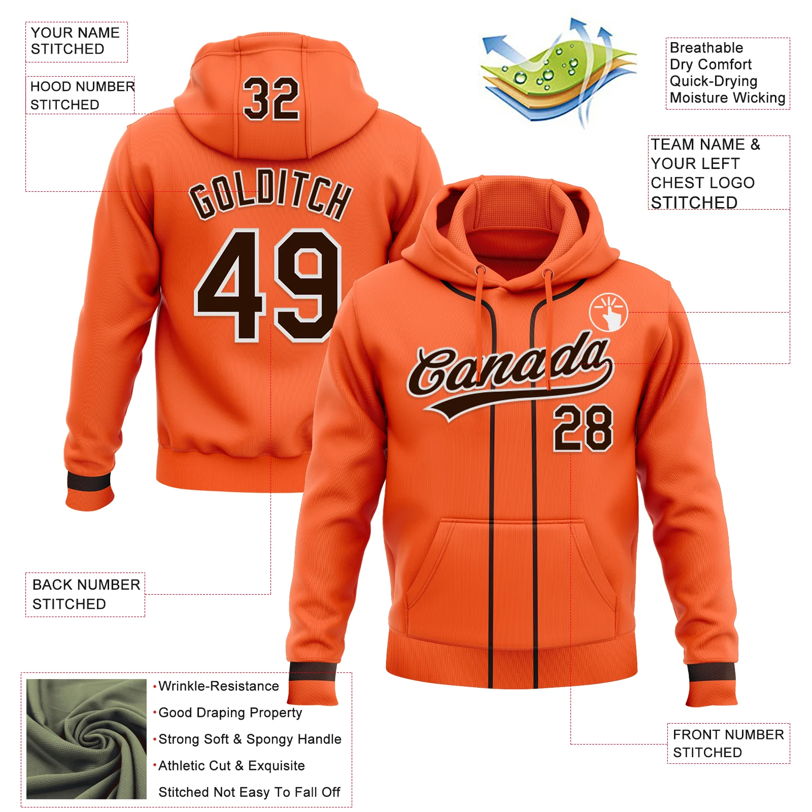 Custom Stitched Orange Brown-White Baseball Pullover Sweatshirt Hoodie