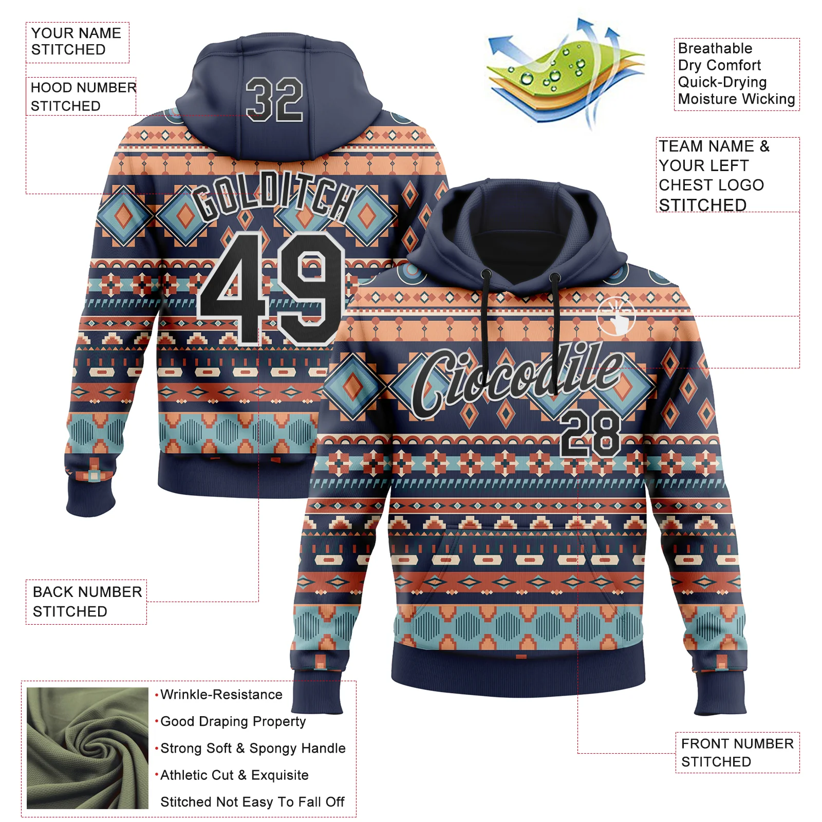 Custom Stitched Navy Black-White 3D Pattern Design Tribal Ethnic Native American Sports Pullover Sweatshirt Hoodie
