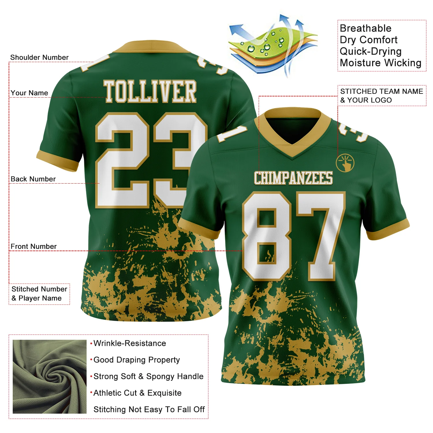 Custom Green White-Old Gold 3D Pattern Splash Authentic Football Jersey