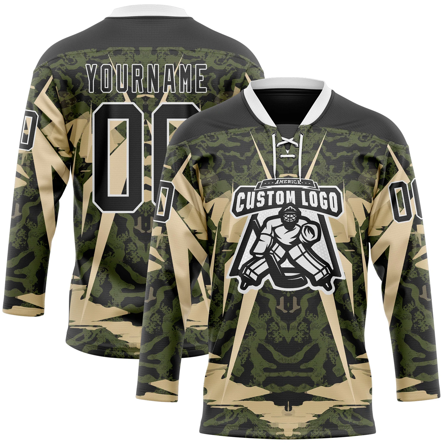 Custom Black Olive-White 3D Pattern Abstract Grunge Hockey Lace Neck Jersey