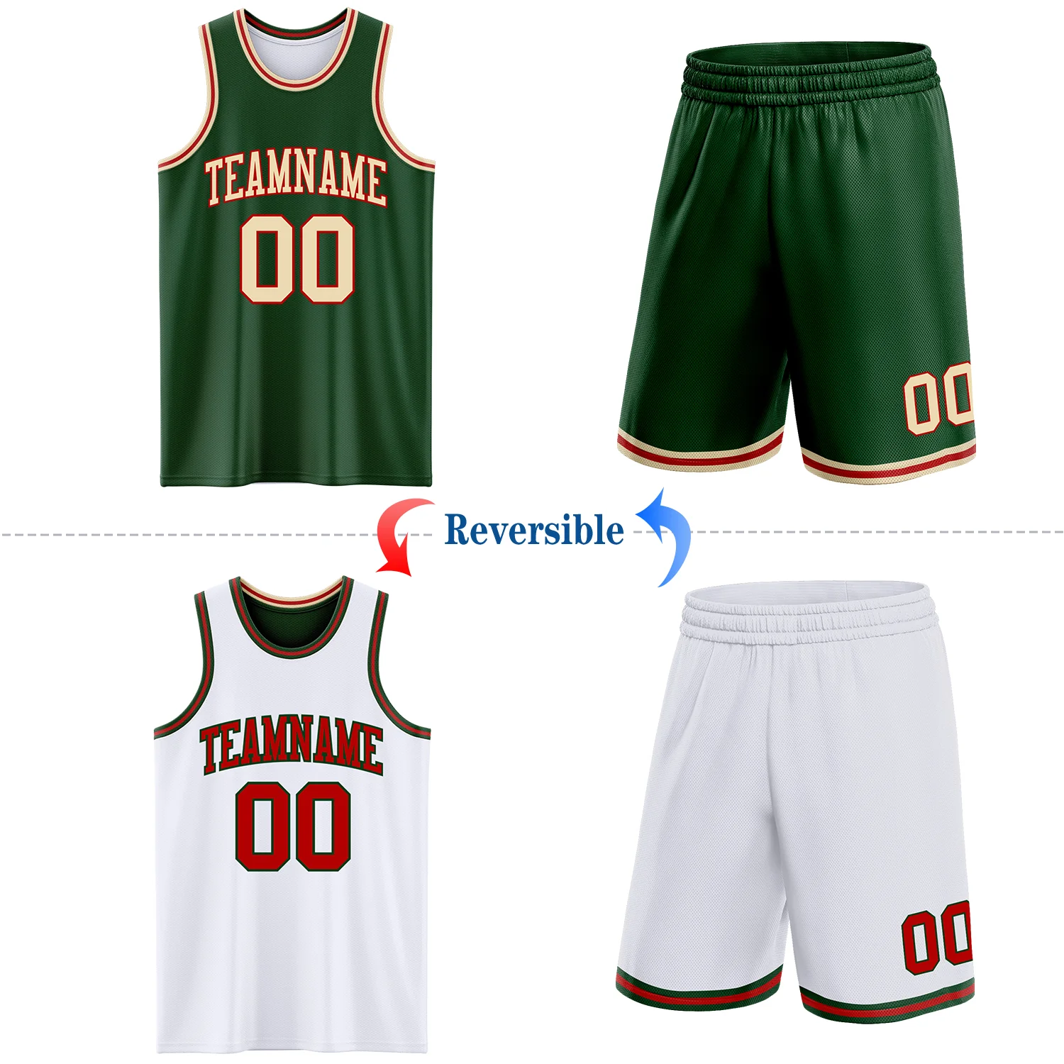 Custom Reversible Green Cream-Red Double Side Sublimation Basketball Suit Jersey