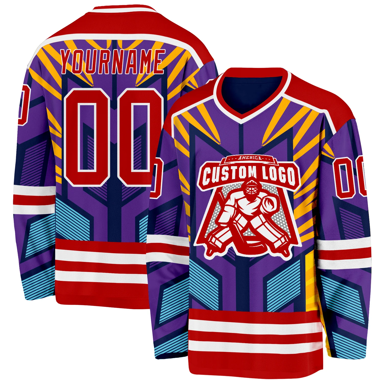 Custom Purple Red Yellow Blue-White 3D Pattern Cyber Mecha E-sport Hockey Jersey
