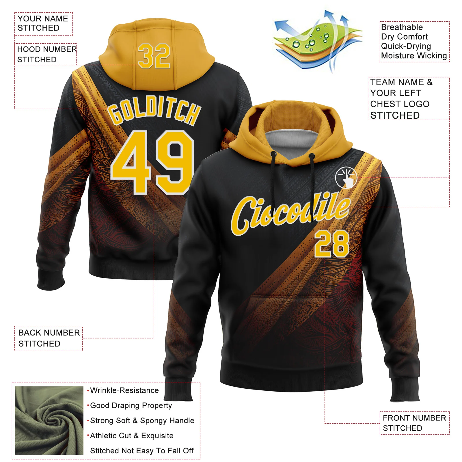 Custom Stitched Black Yellow-White 3D Pattern Design Germany Inspired Tribal Sportswear Pullover Sweatshirt Hoodie