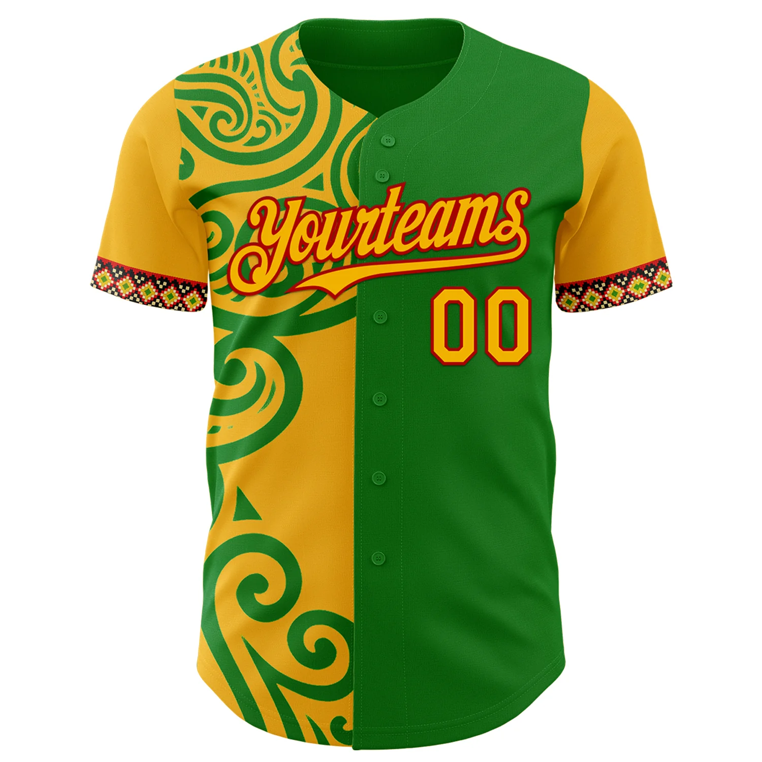 Custom Grass Green Gold Red-Black 3D Pattern Design Black History Month Africa Tribal Authentic Baseball Jersey