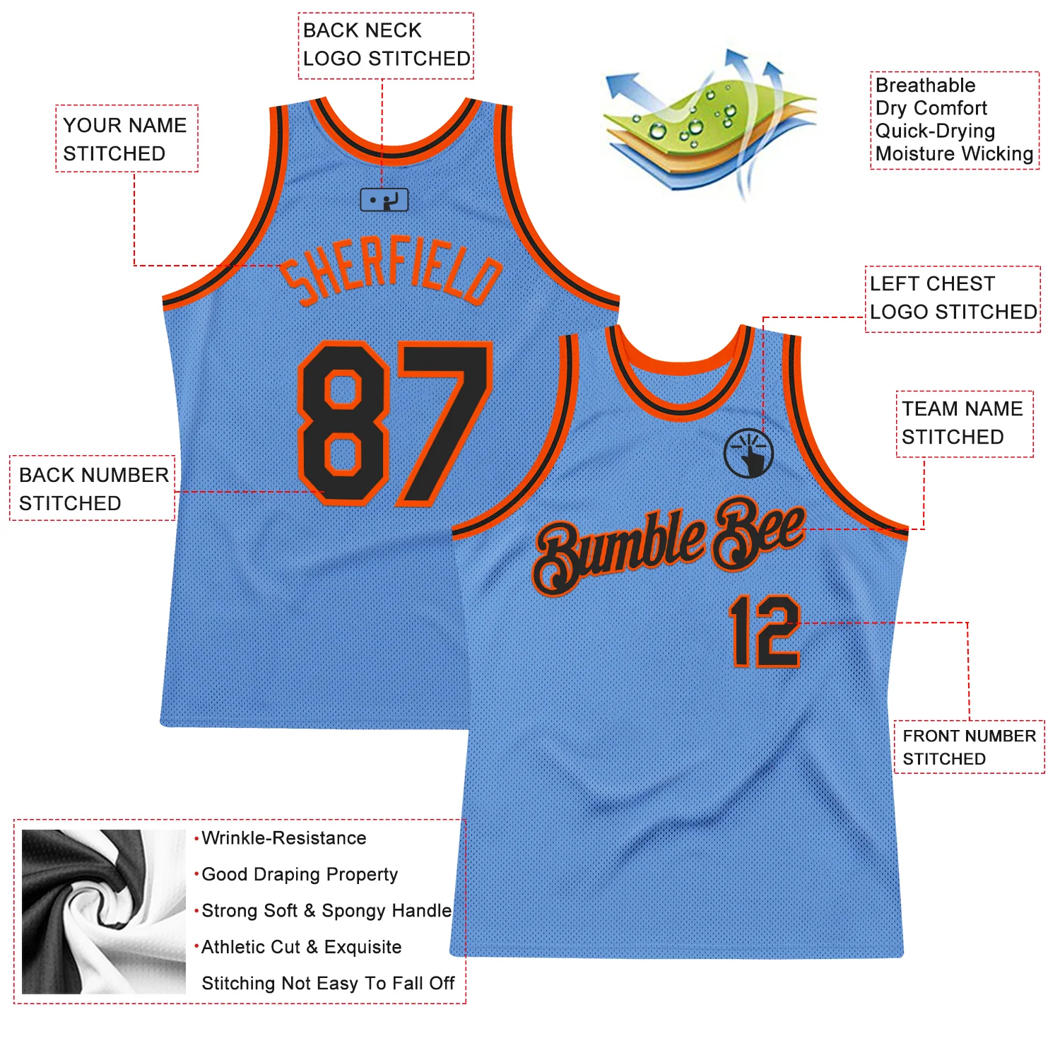 Custom Light Blue Black-Orange Authentic Throwback Basketball Jersey