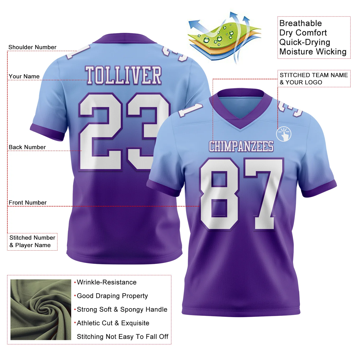 Custom Light Blue White-Purple Authentic Fade Fashion Football Jersey