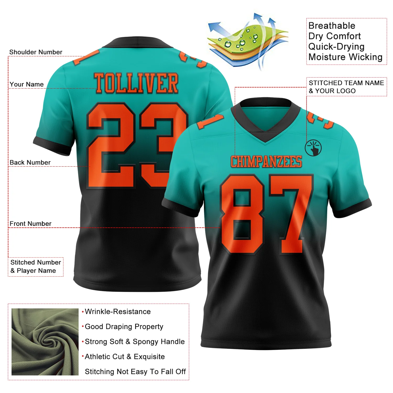 Custom Aqua Orange-Black Authentic Fade Fashion Football Jersey