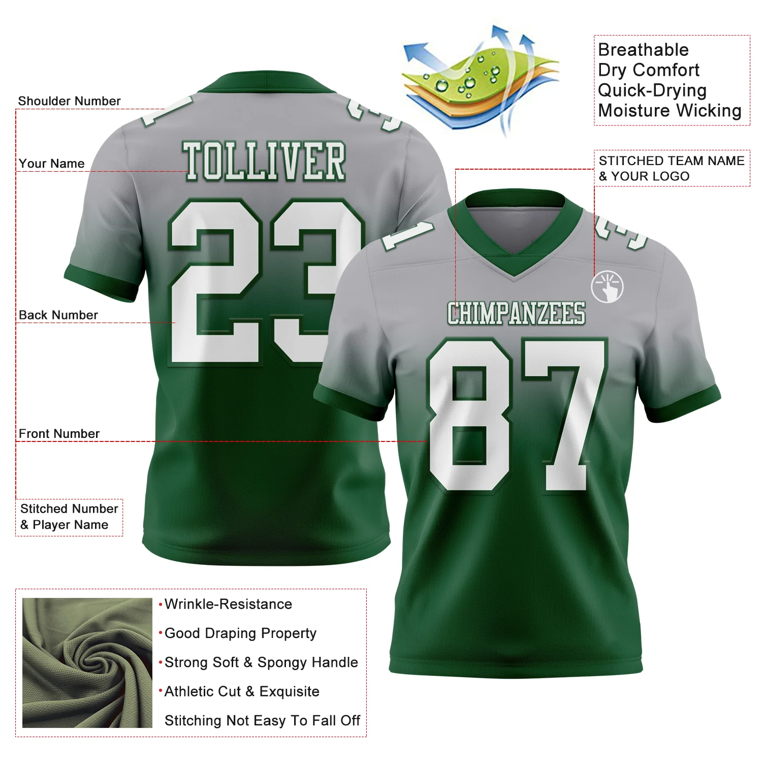 Custom Gray White-Green Authentic Fade Fashion Football Jersey