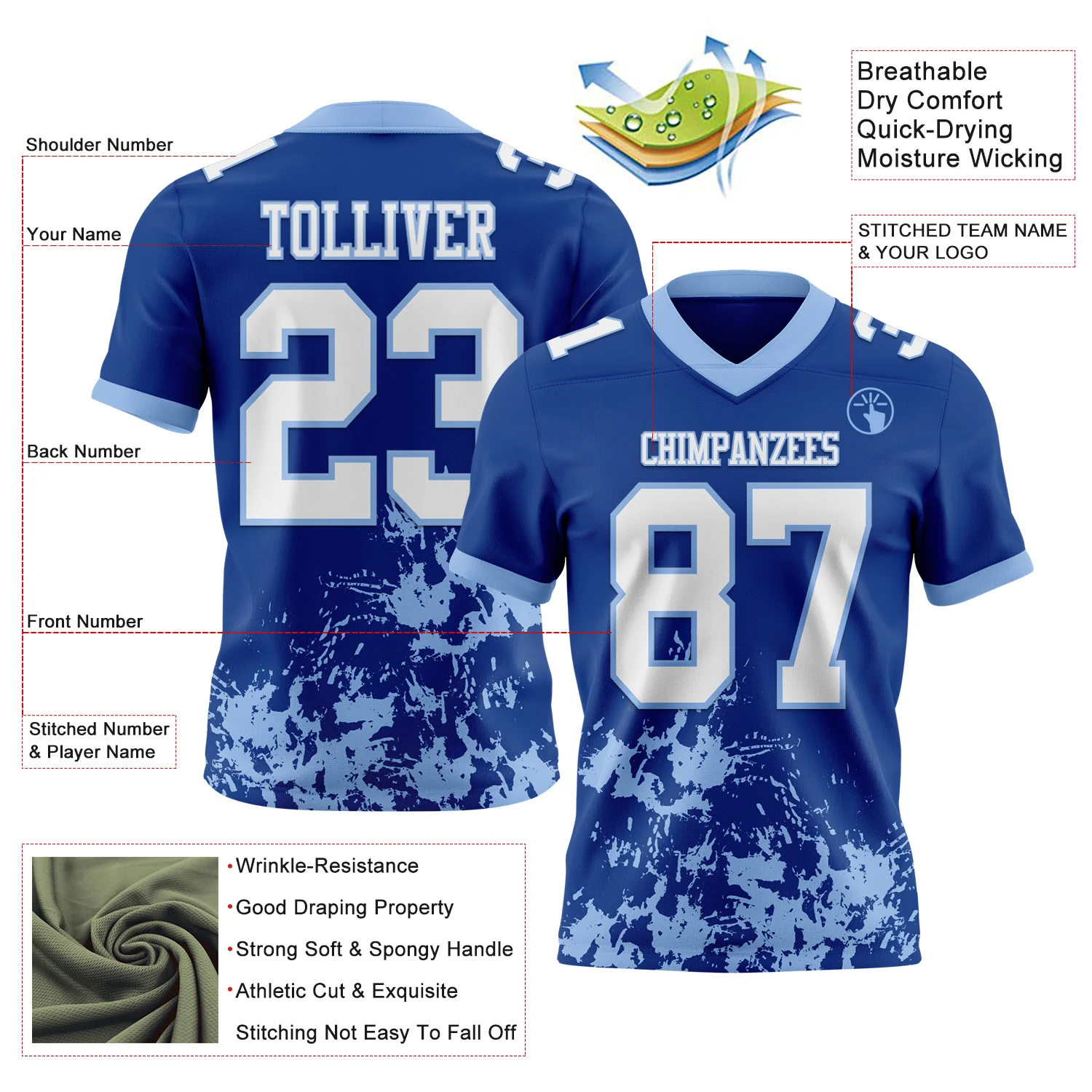 Custom Royal White-Light Blue 3D Pattern Splash Authentic Football Jersey