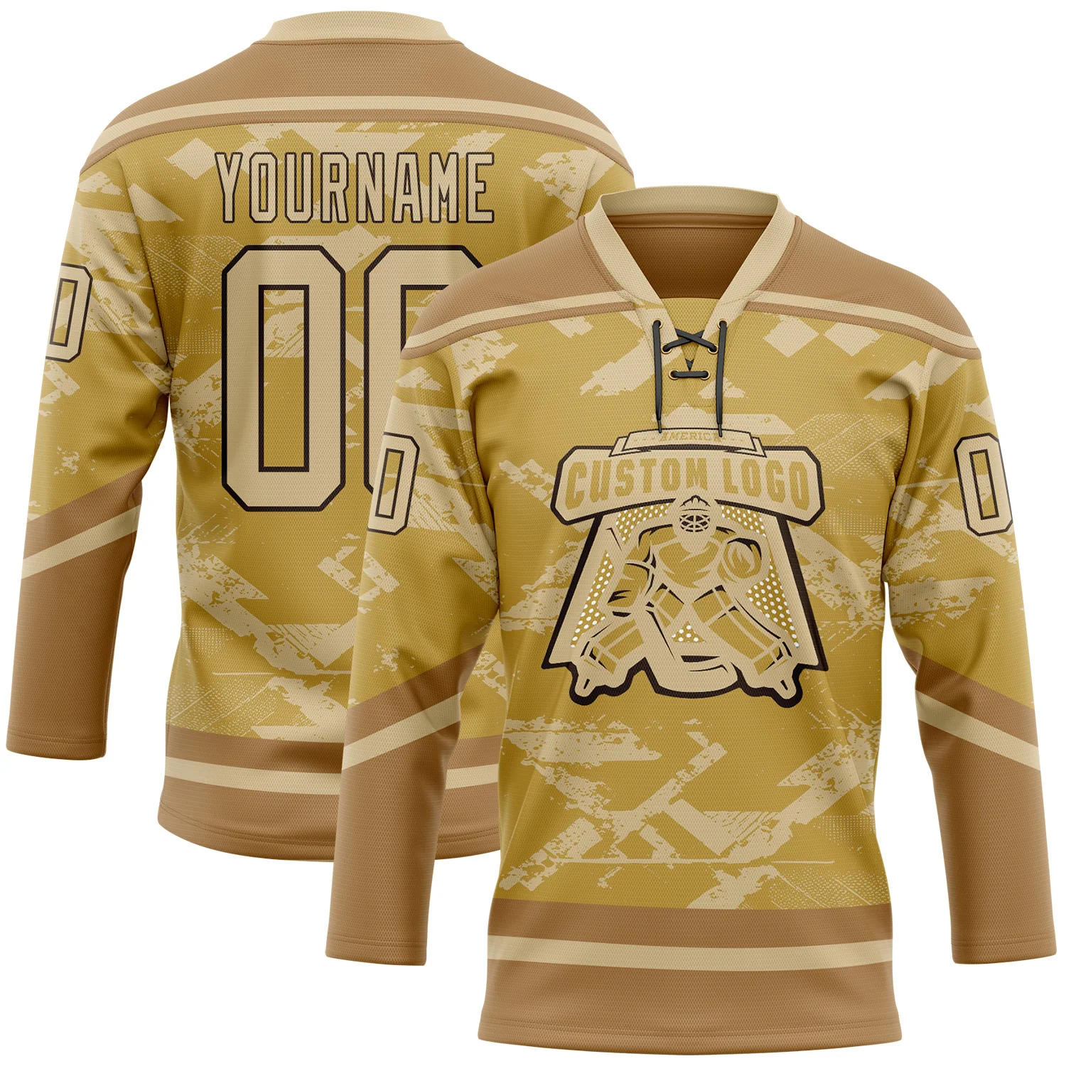 Custom Old Gold Vegas Gold Brown-Black 3D Pattern Tribal Indigenous Grunge Splash Hockey Lace Neck Jersey