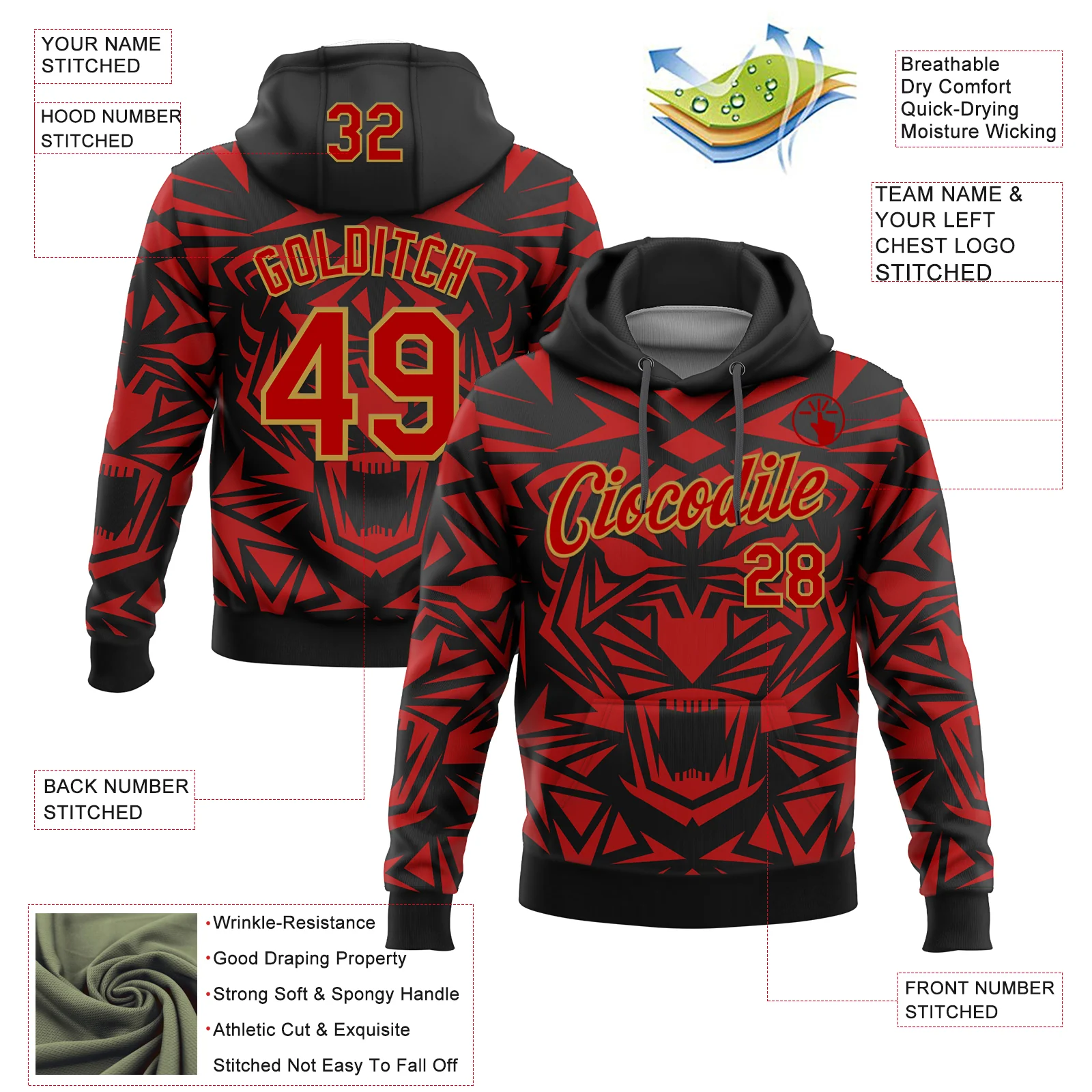 Custom Stitched Black Red-Old Gold 3D Pattern Design Geometric Shape Sports Pullover Sweatshirt Hoodie