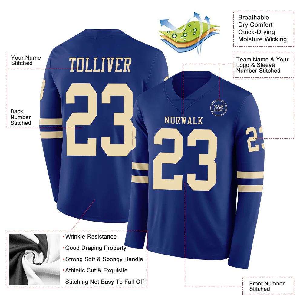 Custom Royal Cream Long Sleeve Authentic Football Jersey