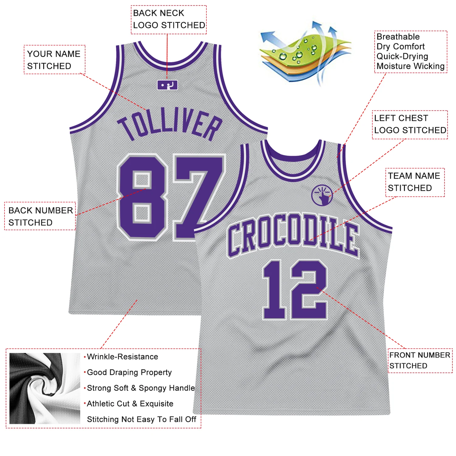 Custom Gray Purple-White Authentic Throwback Basketball Jersey