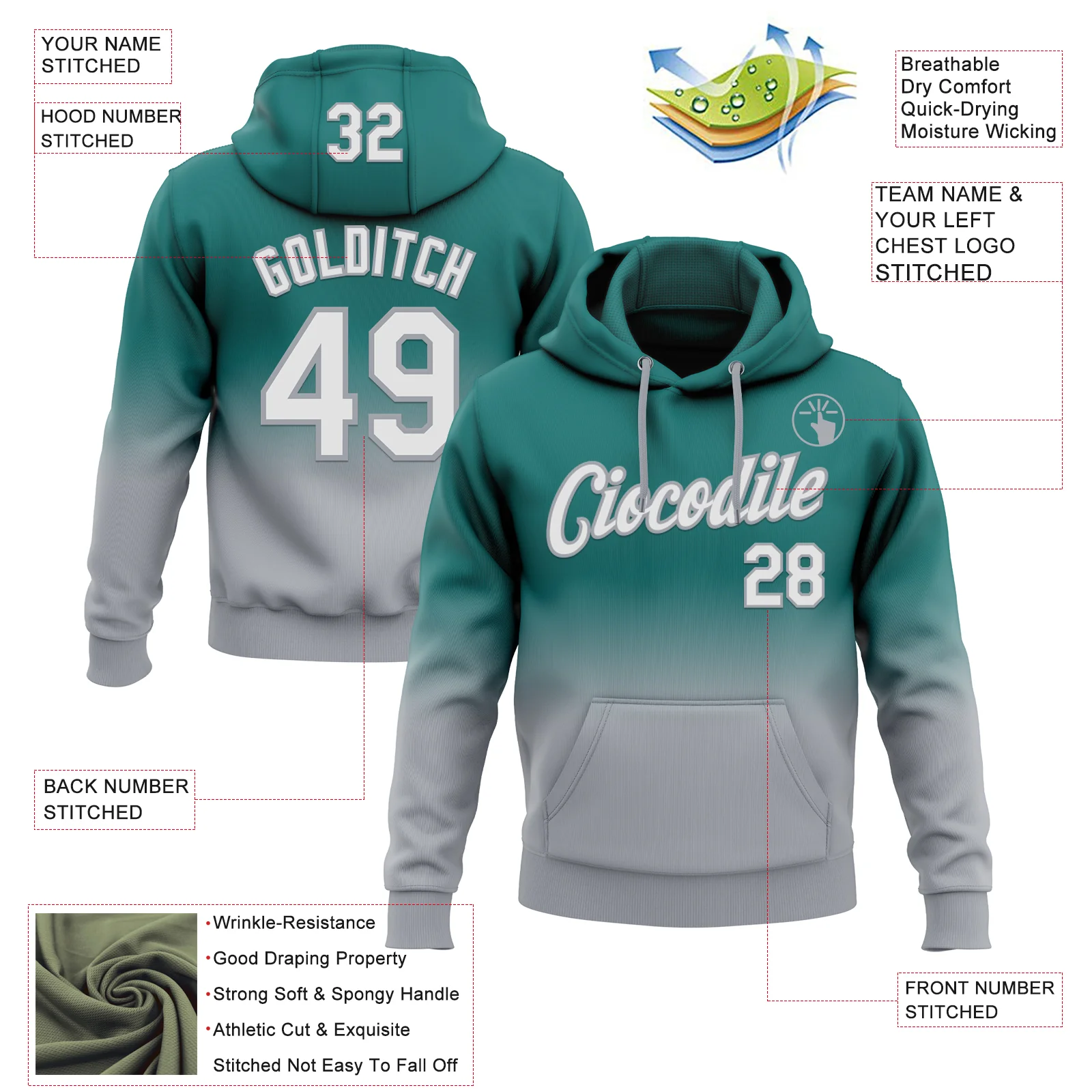 Custom Stitched Teal White-Gray Fade Fashion Sports Pullover Sweatshirt Hoodie