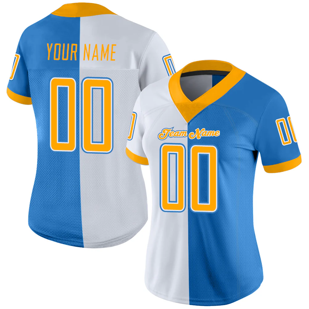 Custom Powder Blue Gold-White Split Fashion Football Jersey