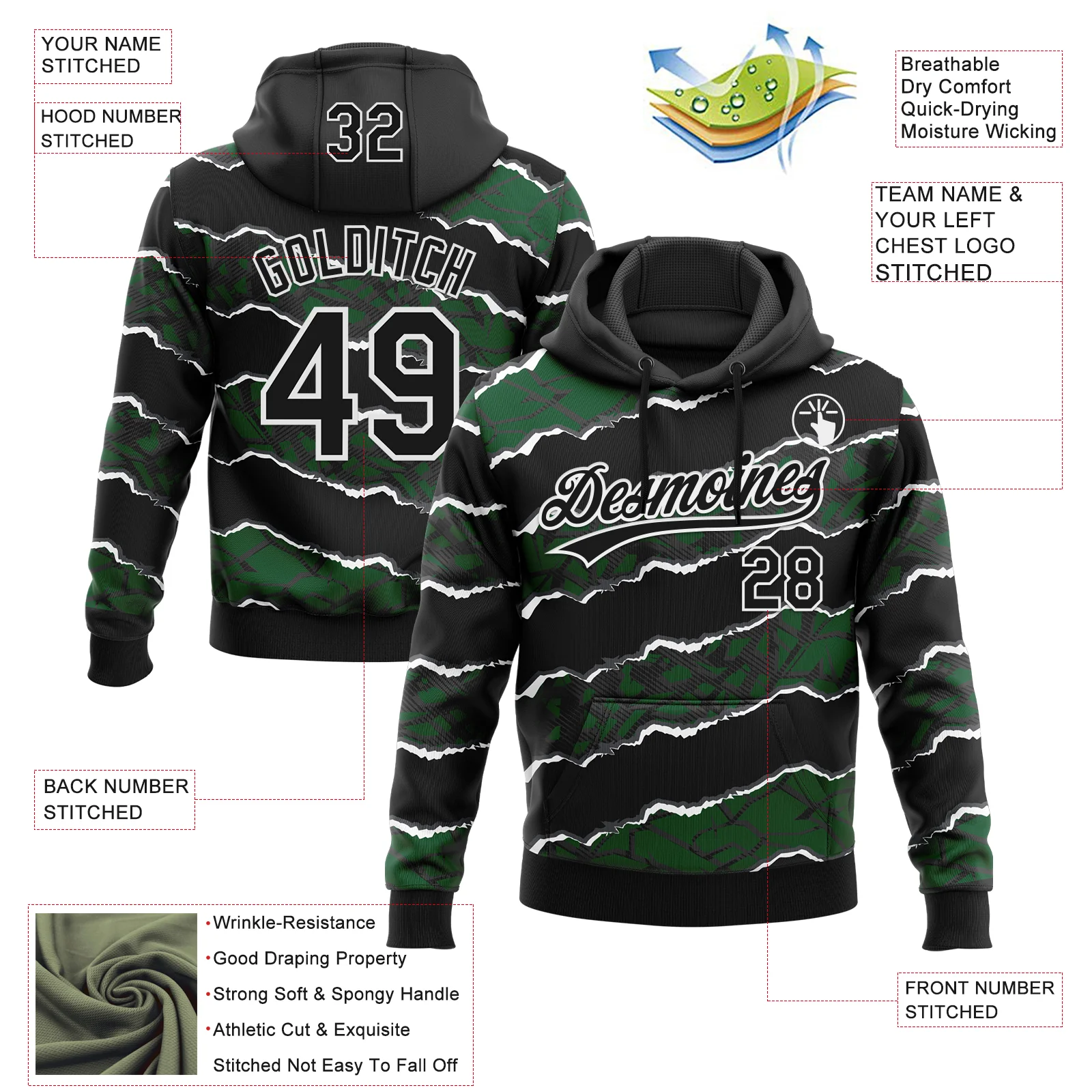 Custom Stitched Black Green-White 3D Pattern Design Torn Paper Style Sports Pullover Sweatshirt Hoodie