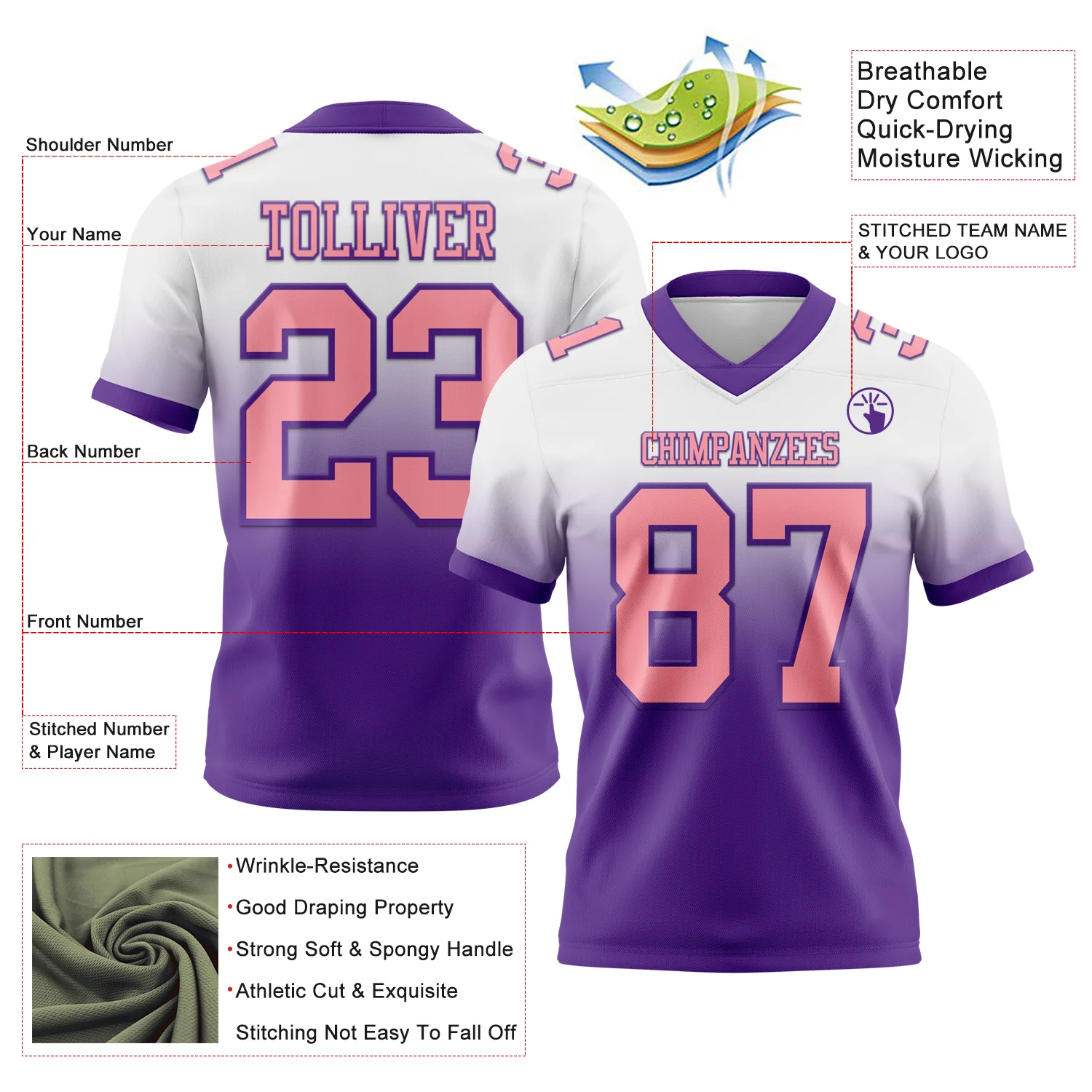Custom White Medium Pink-Purple Authentic Fade Fashion Football Jersey
