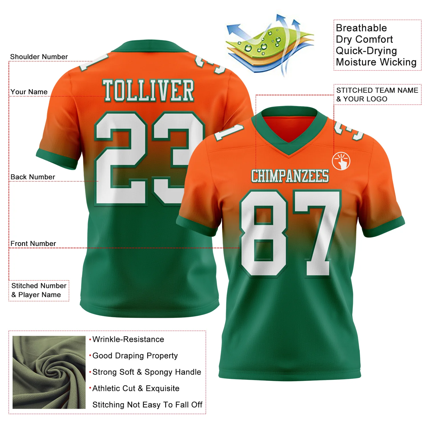 Custom Orange White-Kelly Green Authentic Fade Fashion Football Jersey