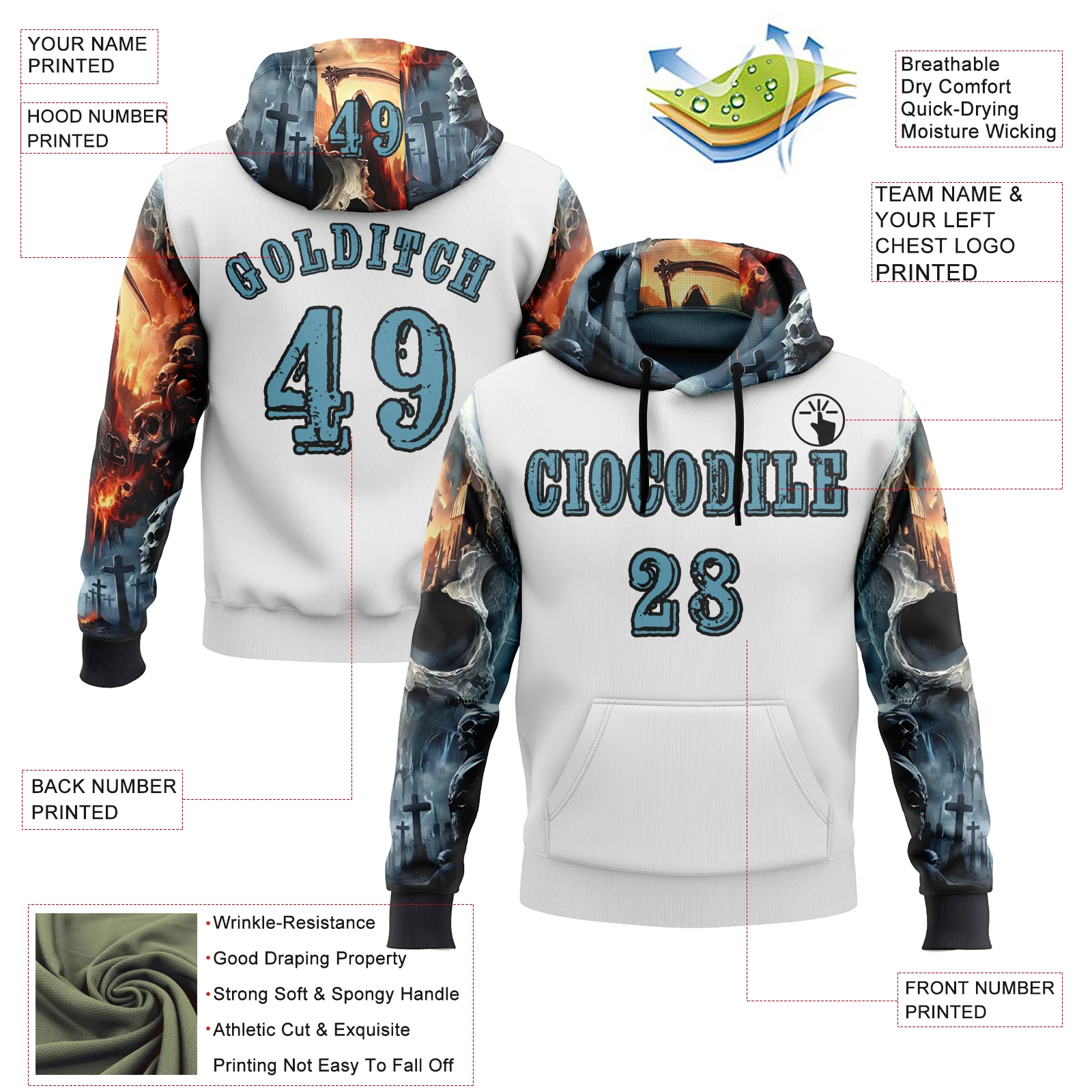 Custom White Shadow Blue-Black 3D Skull Cross Sports Pullover Sweatshirt Hoodie