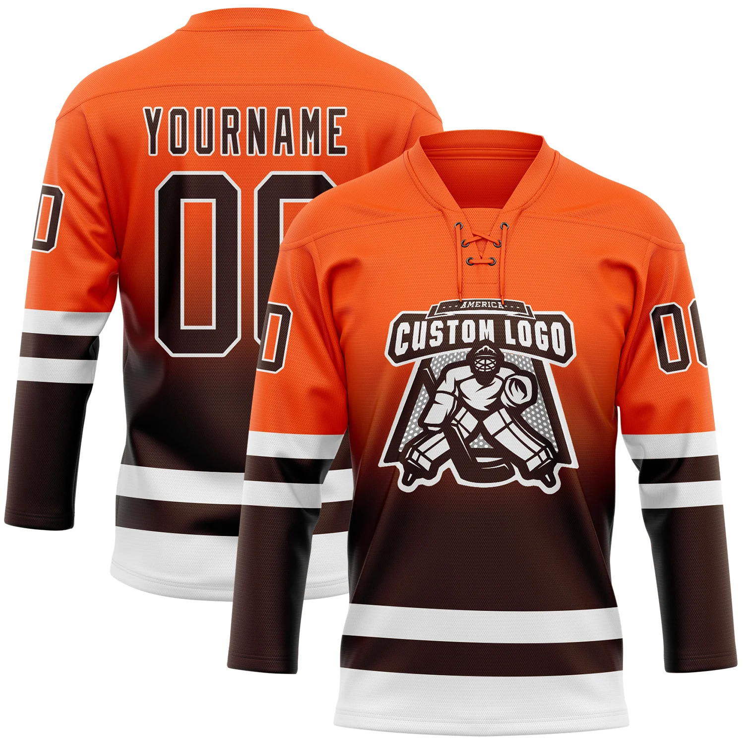 Custom Orange Brown-White Fade Fashion Hockey Lace Neck Jersey