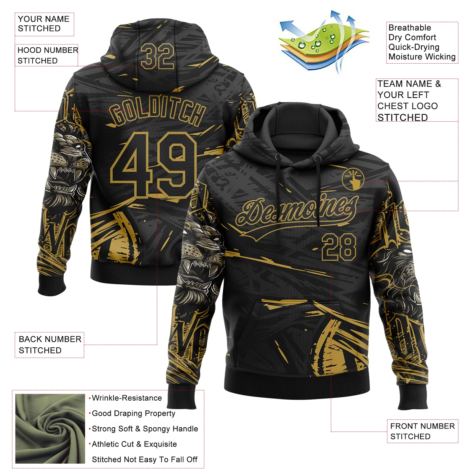 Custom Stitched Black Gray-Old Gold 3D Pattern Design Animal Lion Sports Pullover Sweatshirt Hoodie
