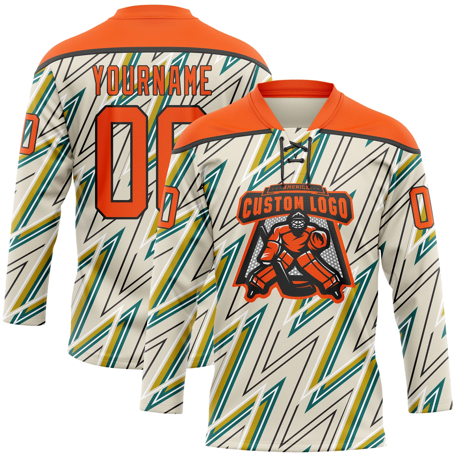 Custom Cream Orange Green Yellow-Black 3D Pattern Lightning Hockey Lace Neck Jersey