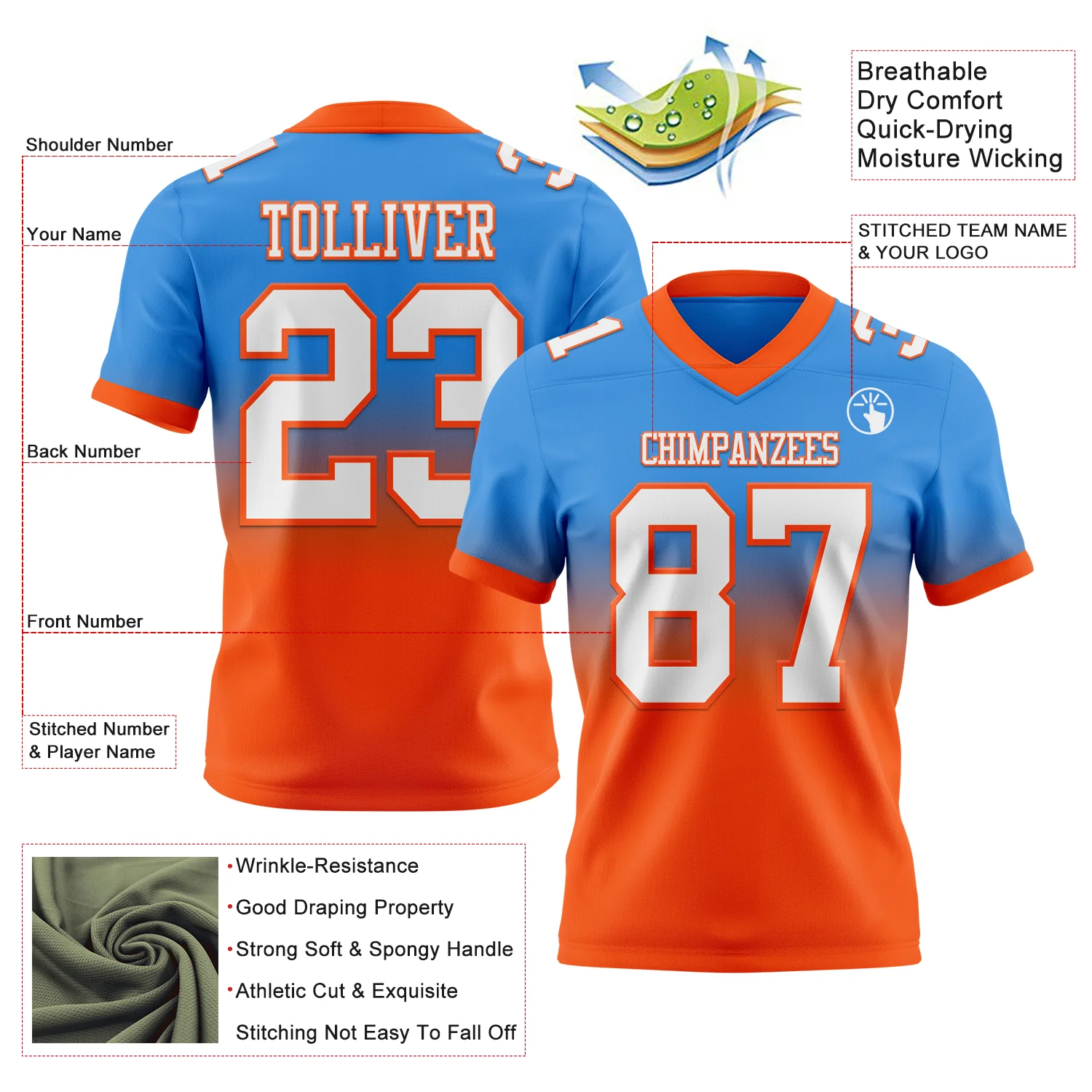 Custom Powder Blue White-Orange Authentic Fade Fashion Football Jersey