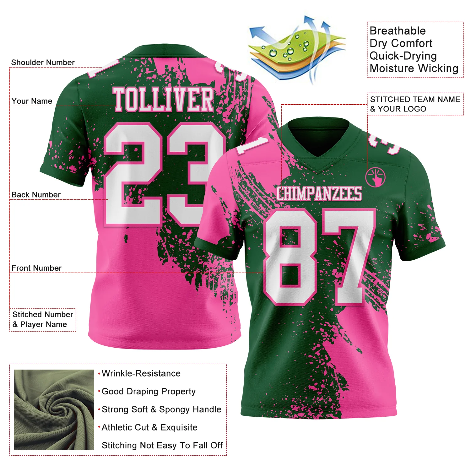 Custom Green White-Pink 3D Pattern Abstract Brush Stroke Authentic Football Jersey