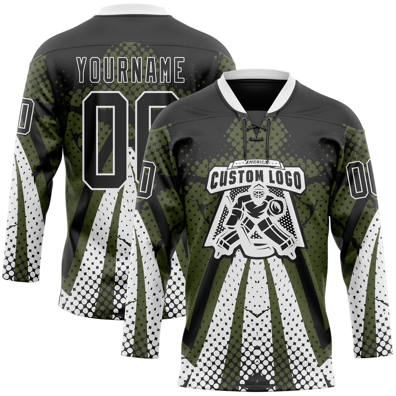 Custom Olive Black-White 3D Pattern Abstract Hockey Lace Neck Jersey