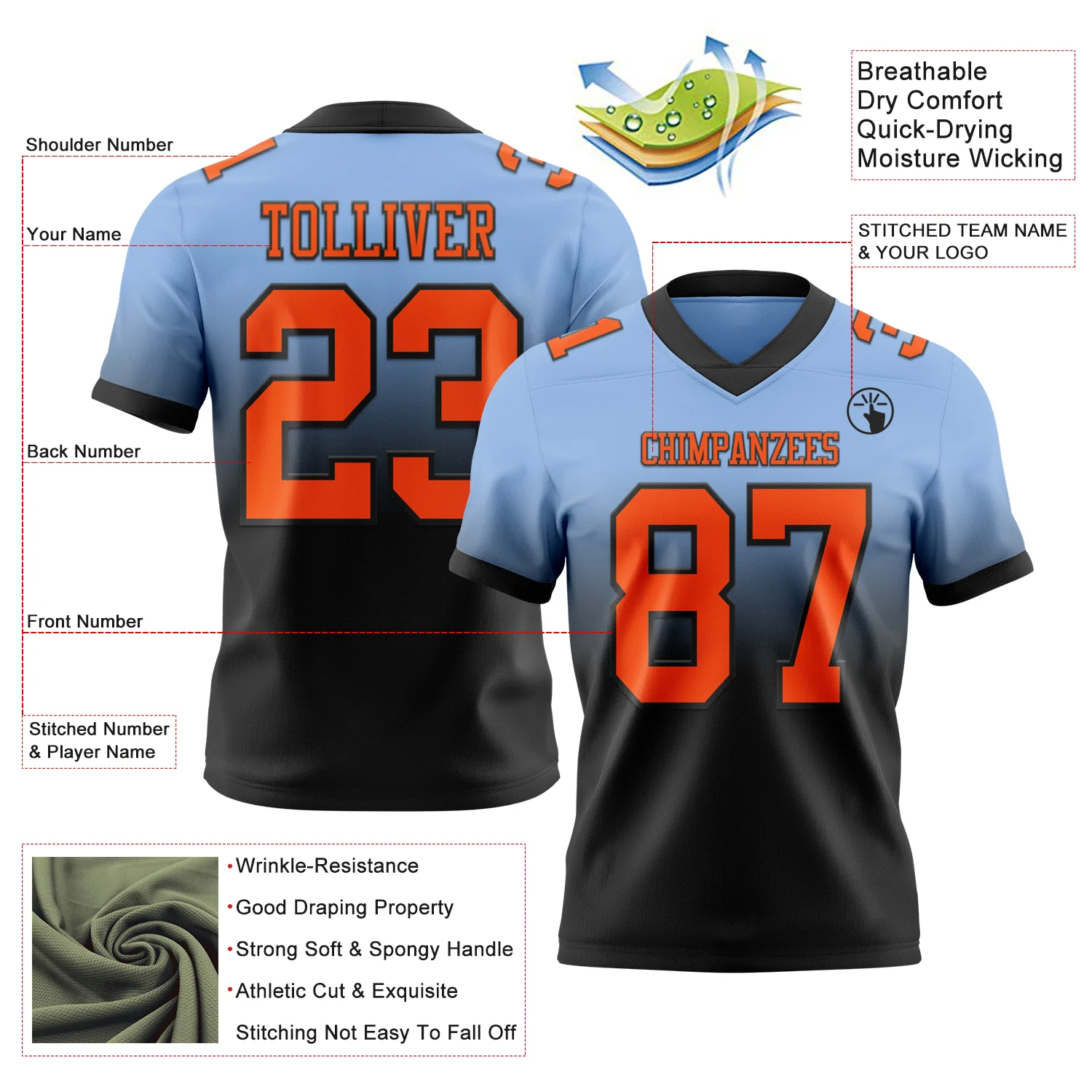 Custom Light Blue Orange-Black Authentic Fade Fashion Football Jersey