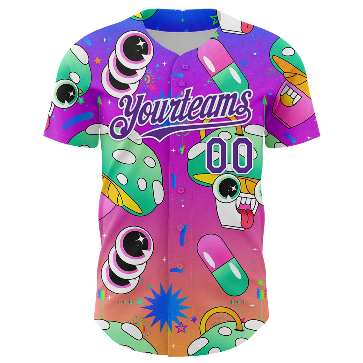 Custom Purple White 3D Pattern Design Trippy Psychedelic Magic Mushrooms Authentic Baseball Jersey