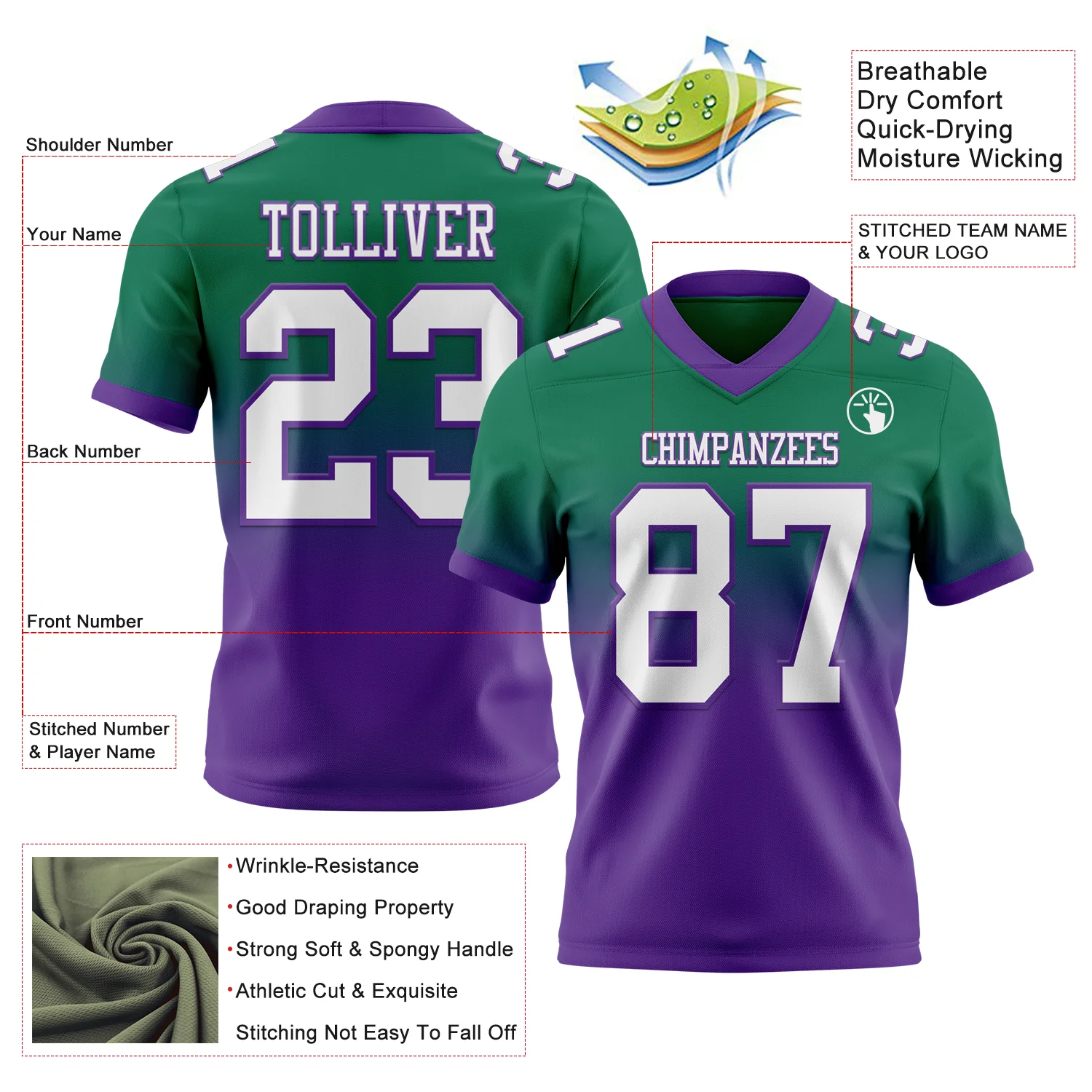 Custom Kelly Green White-Purple Authentic Fade Fashion Football Jersey