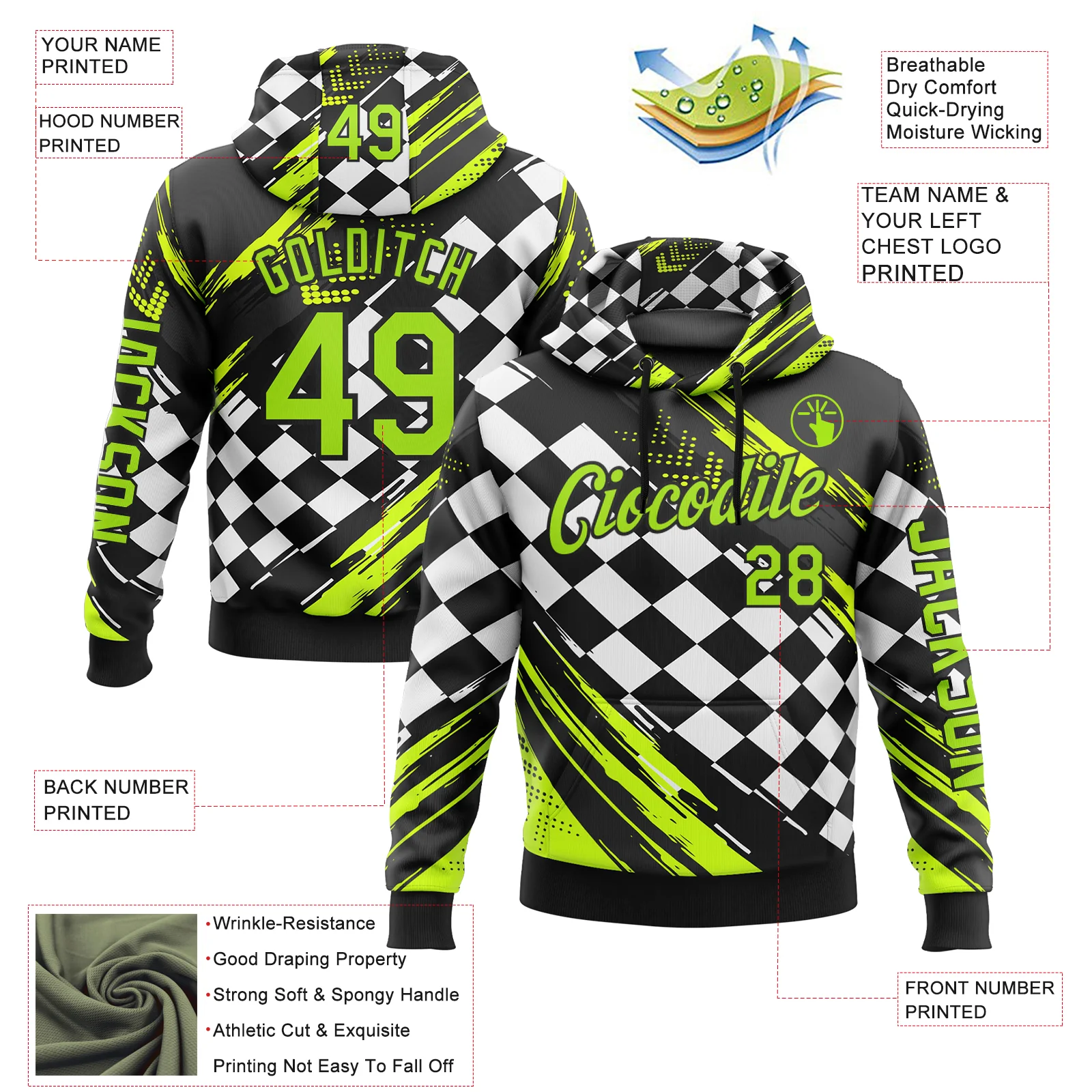 Custom Black Neon Green-White 3D Pattern Design Formula Auto Car Racing Motorsport Sports Pullover Sweatshirt Hoodie