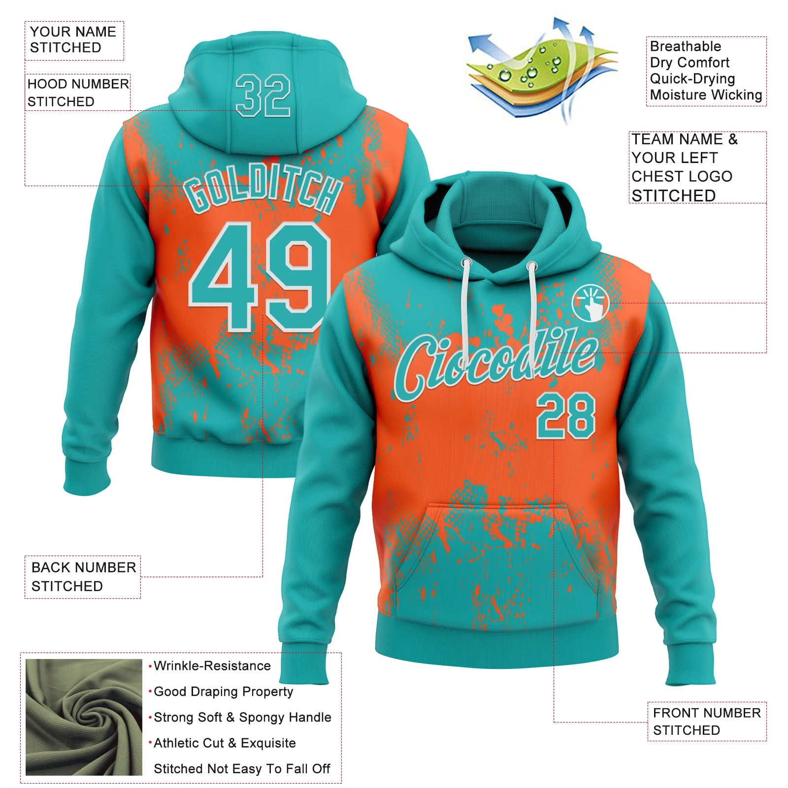 Custom Stitched Aqua Orange-White 3D Pattern Design Abstract Splatter Grunge Art Sports Pullover Sweatshirt Hoodie