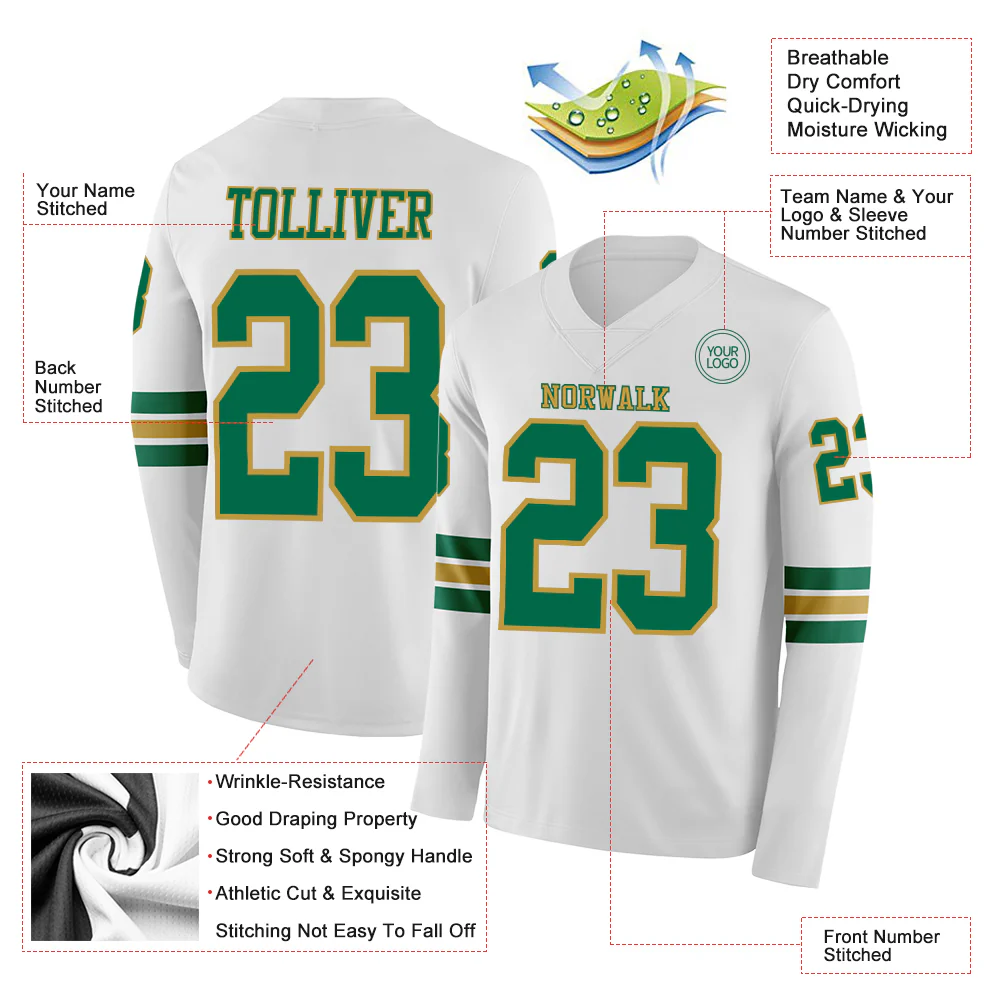 Custom White Kelly Green-Old Gold Long Sleeve Authentic Football Jersey