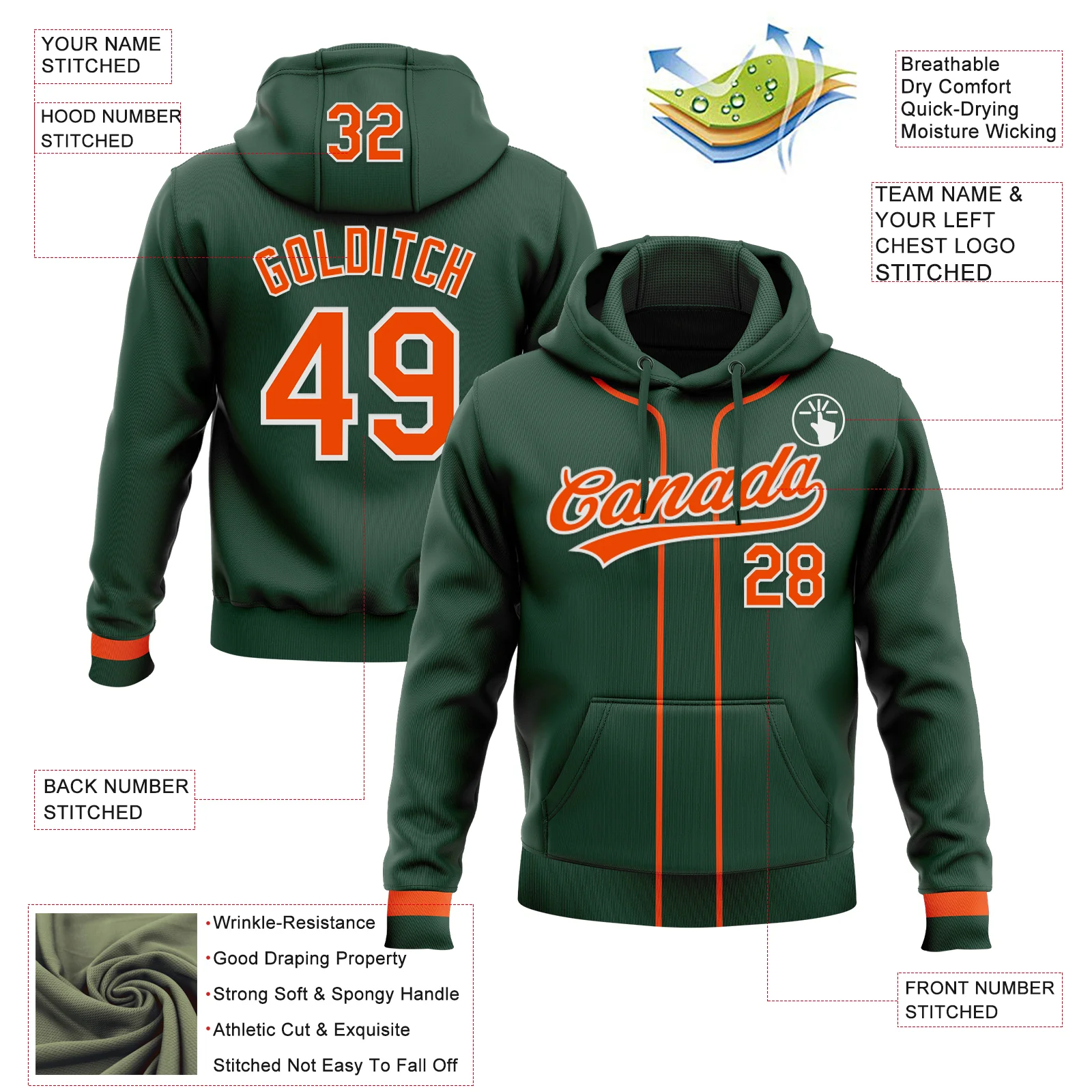 Custom Stitched Green Orange-White Baseball Pullover Sweatshirt Hoodie