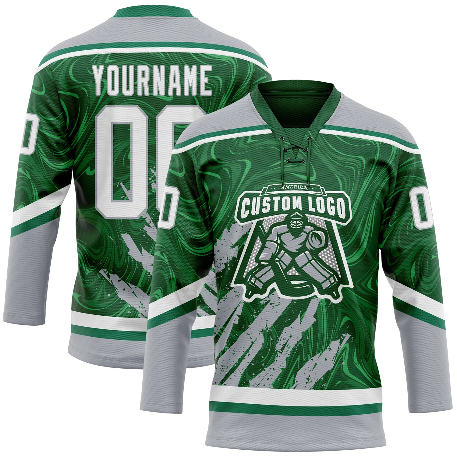 Custom Green White-Gray 3D Splash Art Hockey Lace Neck Jersey