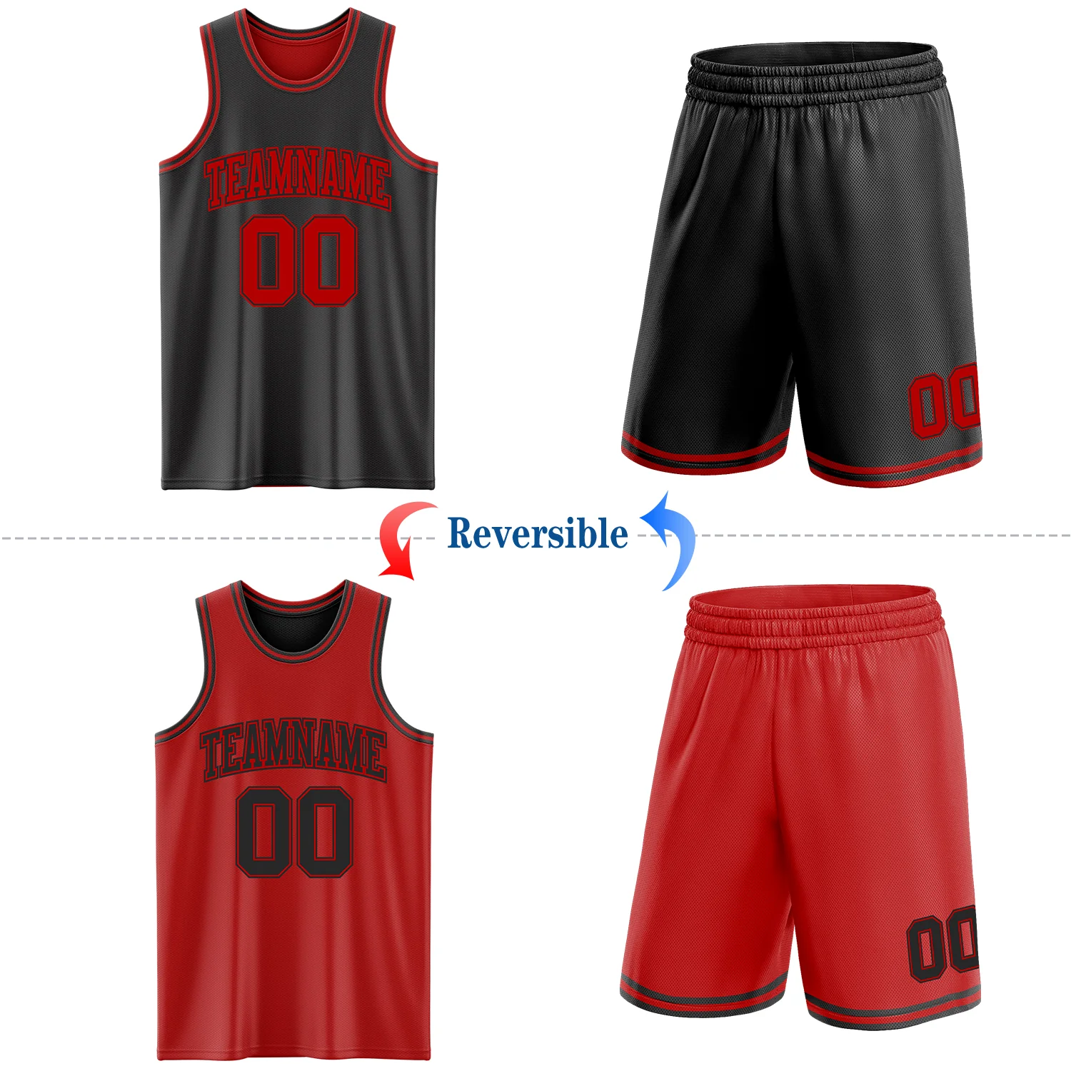 Custom Reversible Black Red Double Side Sublimation Basketball Suit Jersey